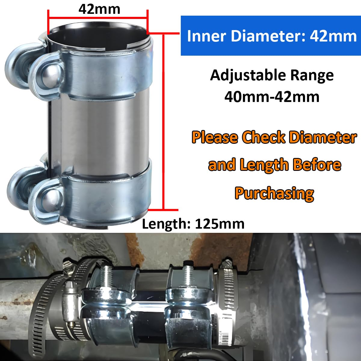 Auspuff Schelle Rohrverbinder 42mm Doppelschelle Abgasrohrverbinder Edelstahl Auspuffschelle Rohrverbinder Auspuff Klemmschelle Schalldämpfer Bandschelle Länge 125mm