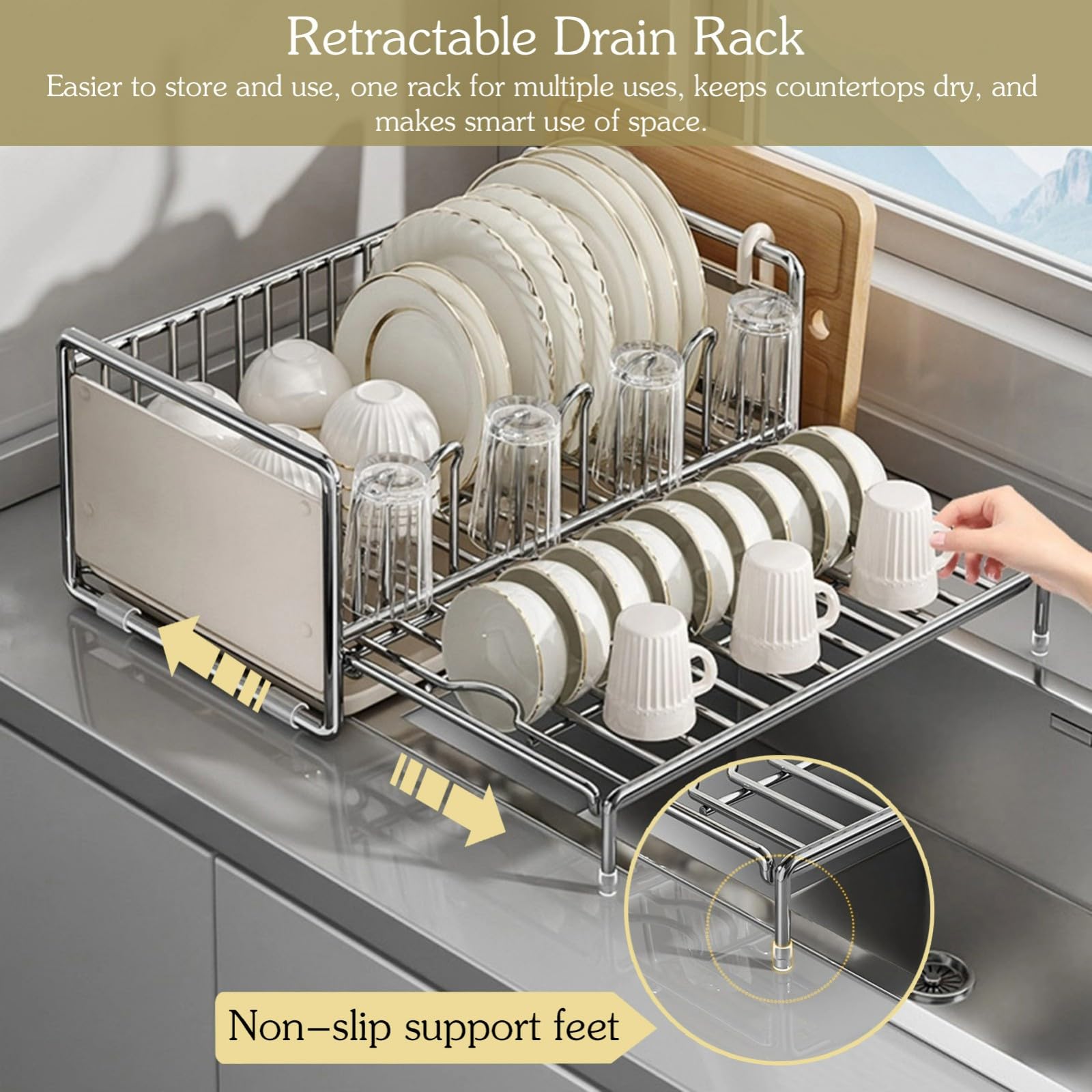 Escurridor de Platos 2 Niveles para encimera Cocina,escurridor Inferior expandible Gran Capacidad con escurridor/Utensilios,Plato Drenaje Desmontable Acero al Carbono(2 B)