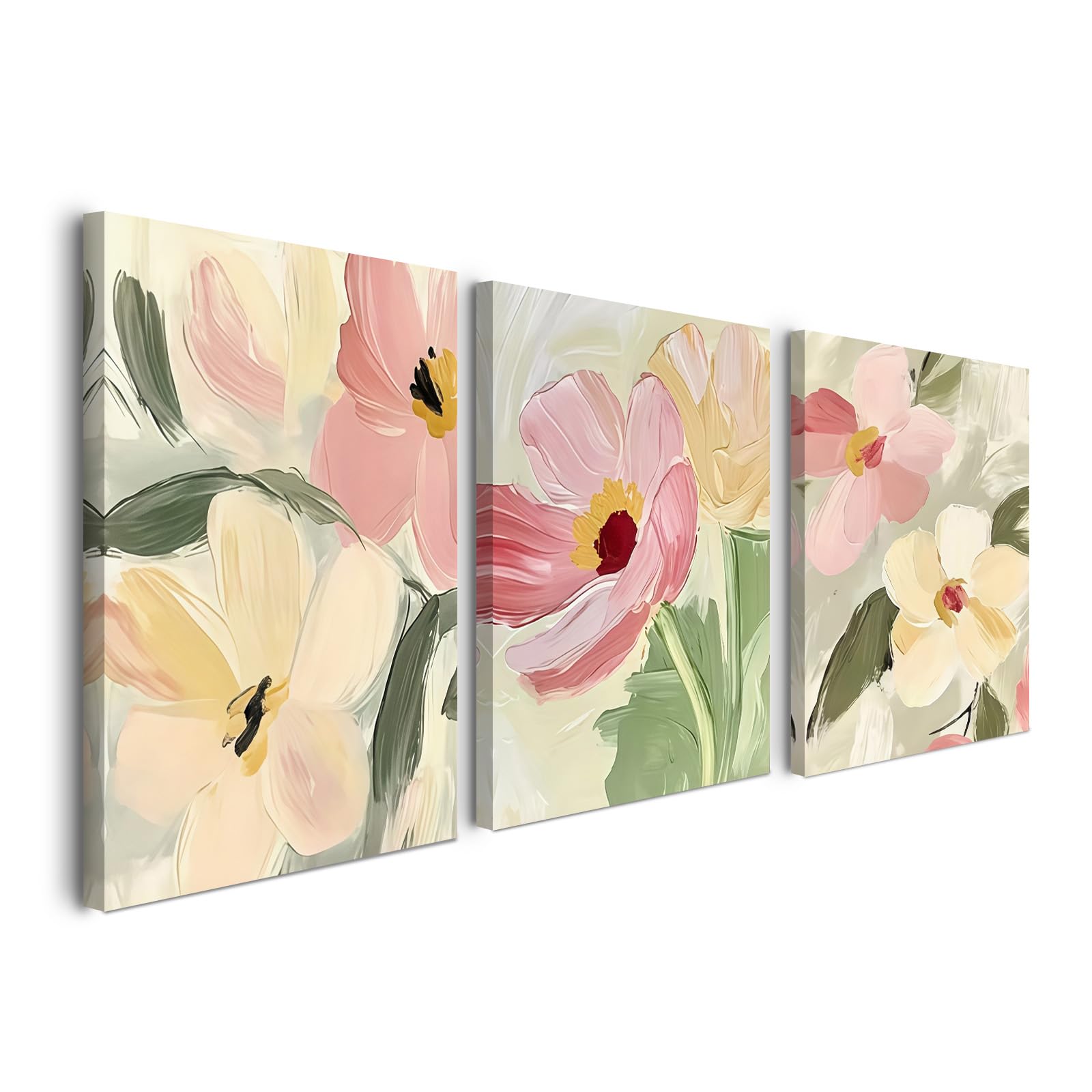 Alptiny Set of 3 Floral Canvas Wall Art - Soft Pink and Yellow Flower Painting, Modern Abstract Floral Art for Living Room, Bedroom, and Hallway, Vibrant Wall Decor