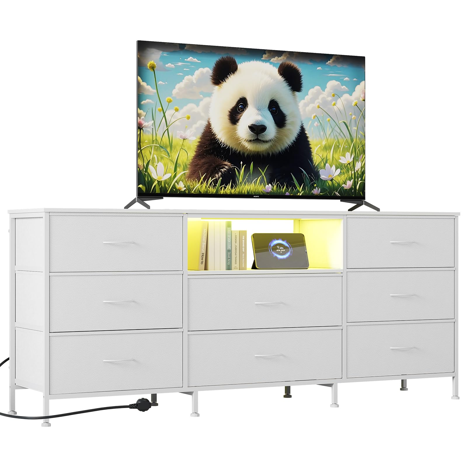 63" w LED TV Stand Dresser with 8 Fabric Drawers, Dressers & Chests of Drawers TV Stand with Storage for 65", 70", 75" TV, Steel Frame & LED Lighting, Bedroom Furniture & Living Room Organizer