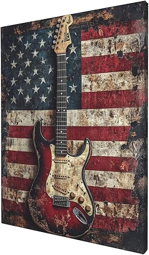 Lienzo decorativo para pared, diseño de bandera americana, estilo vintage, con diseño de guitarra, cuadros rústicos enmarcados para cocina, baño,