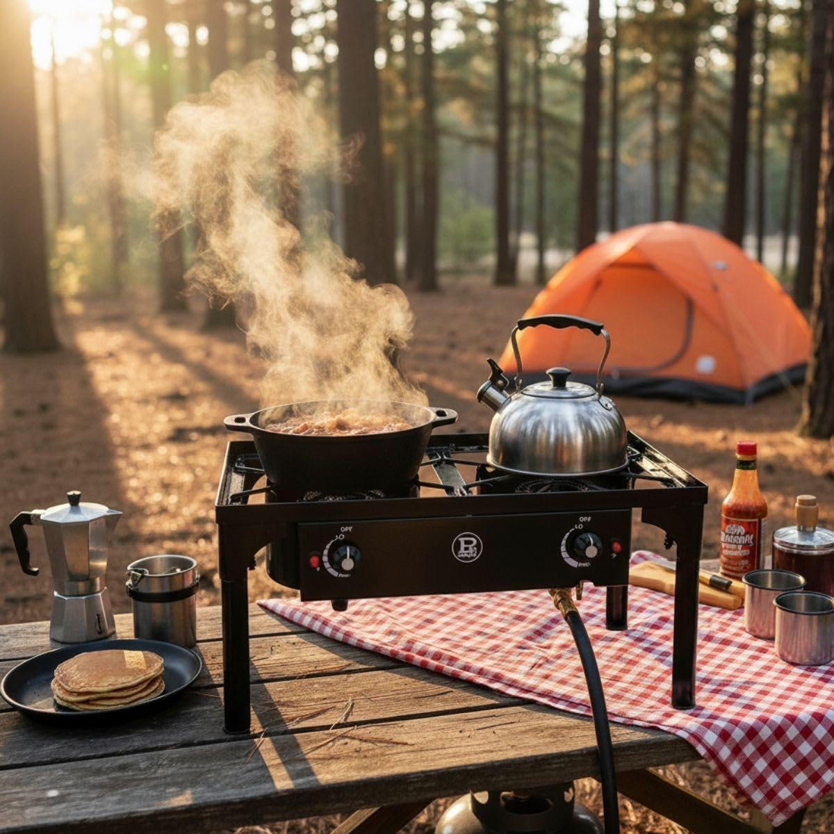 Project - Réchaud à Gaz 2 Feux 9KW 4 Pieds Bruleurs en Fonte Modulable en 3 Hauteurs - Cuisine Extérieure 74.5 x 40 x H80 cm Allumage Piezo POWERTOP 2