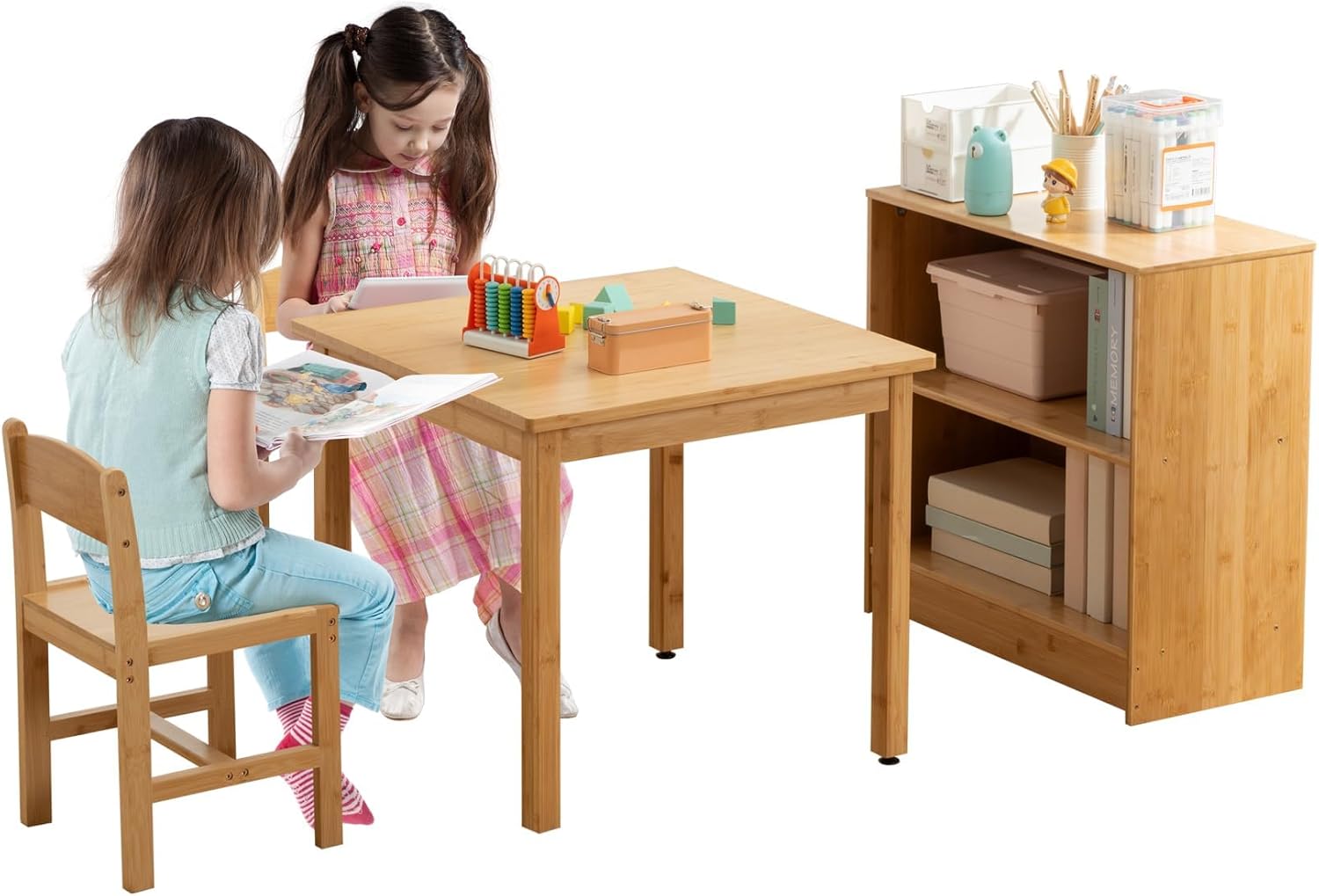 UNICOO Kids Table and 2 Chairs Set with Bookshelf, Bamboo Toddler Desk and Chair Set, Wooden Kids Activity Table and Study Desk for Reading, Writing, Drawing, Playroom, Classroom, Natural