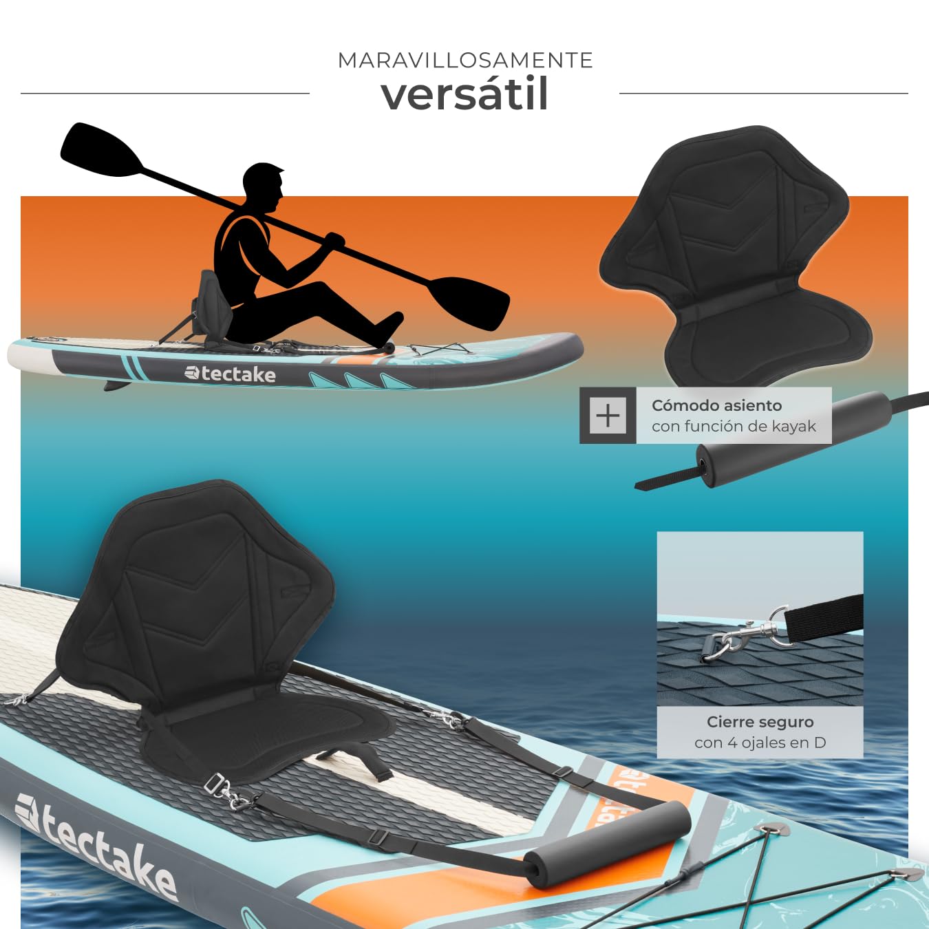 tectake® Tabla de Paddle Surf Hinchable, Incluye Remo 2 en 1, Asiento Incorporado de Kayak, Sup Hinchable, Bomba de Aire, Mochila Remo Doble y 3 Aletas, Tabla Hinchable, Carga Máx: 200kg