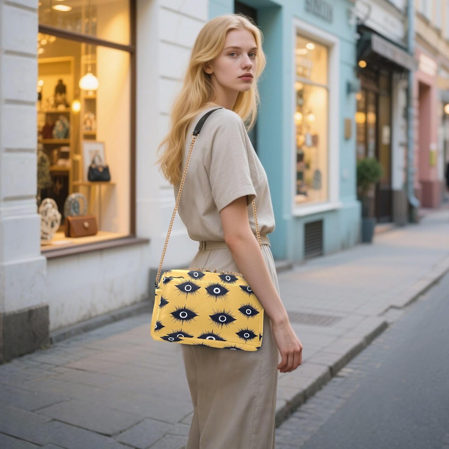 Women Crossbody Bag Shoulder Handbag Cellphone Purse PU Leather Metal Chain Strap Water Resistant Zipper Closure Evil Eye Black Print