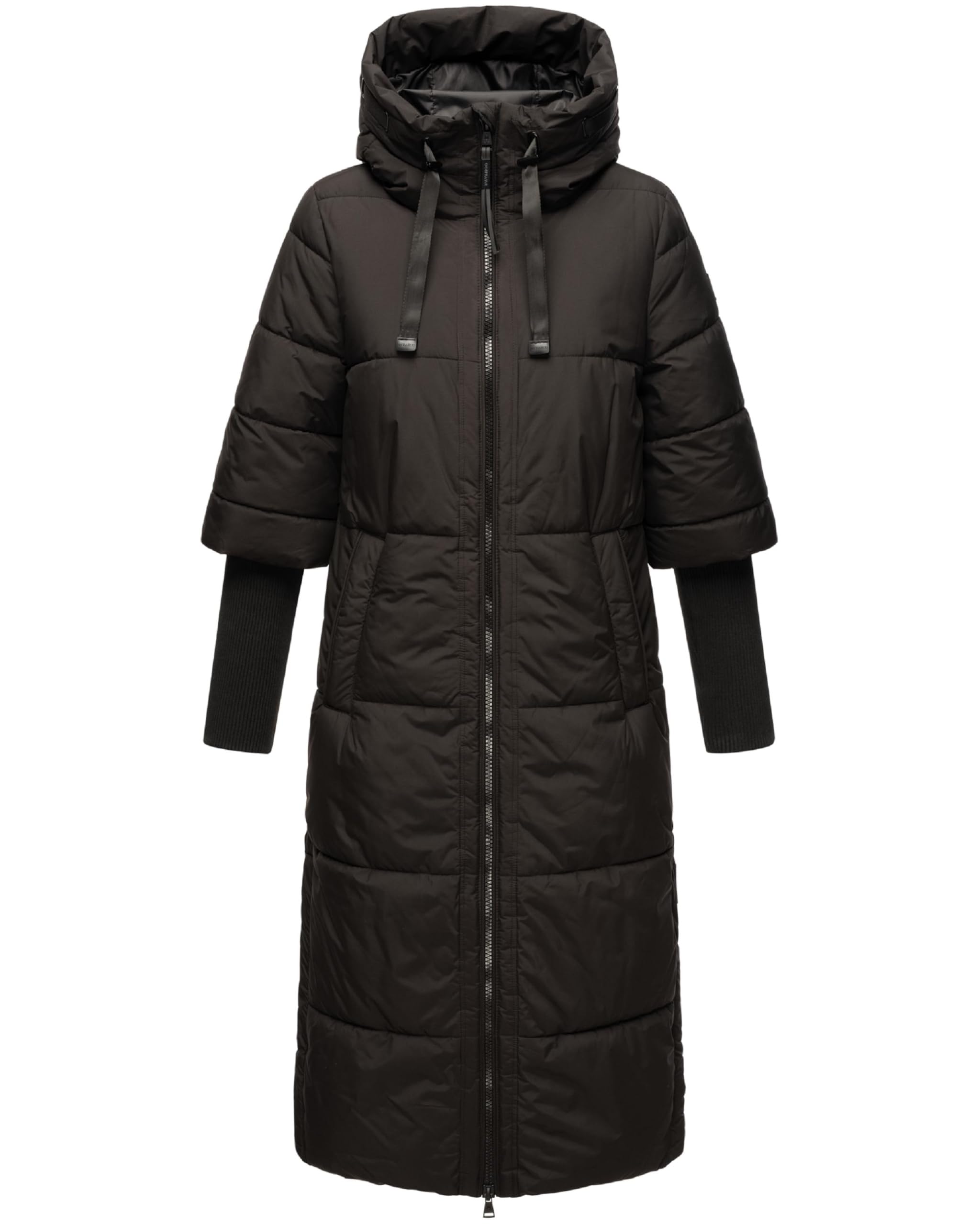 Navahoo Women's Black Long Winter Coat, Warm Quilted Coat With Hood And Ribbed Knit Sleeves Ciao Miau Xiv Xs-3Xl, S