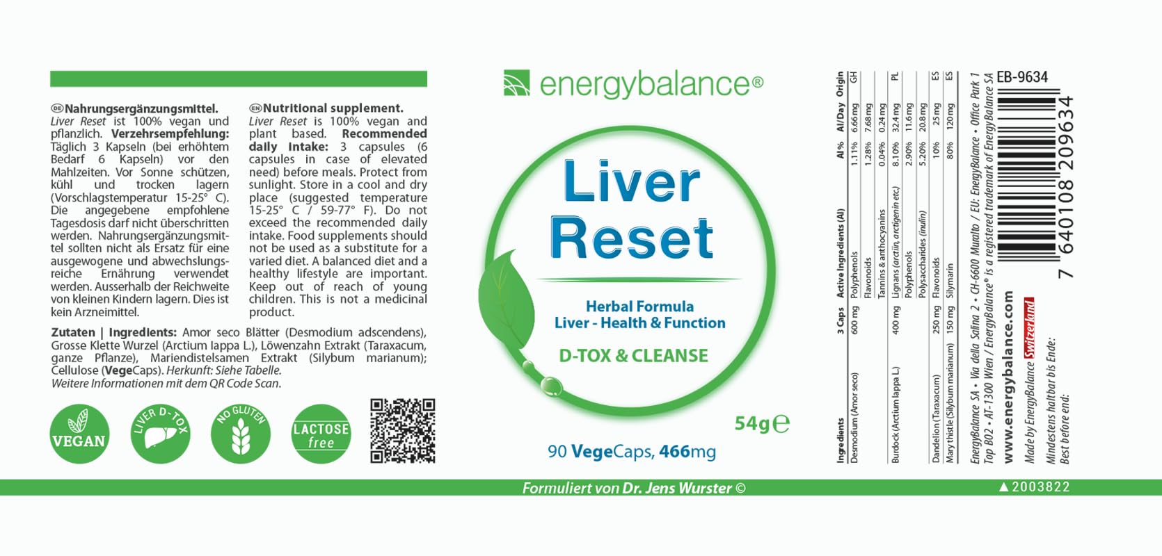 EnergyBalance Liver Reset - Kapseln Leber Komplex - Leber Regeneration - Vegan, ohne Zusätze - 90 VegeCaps à 466 mg