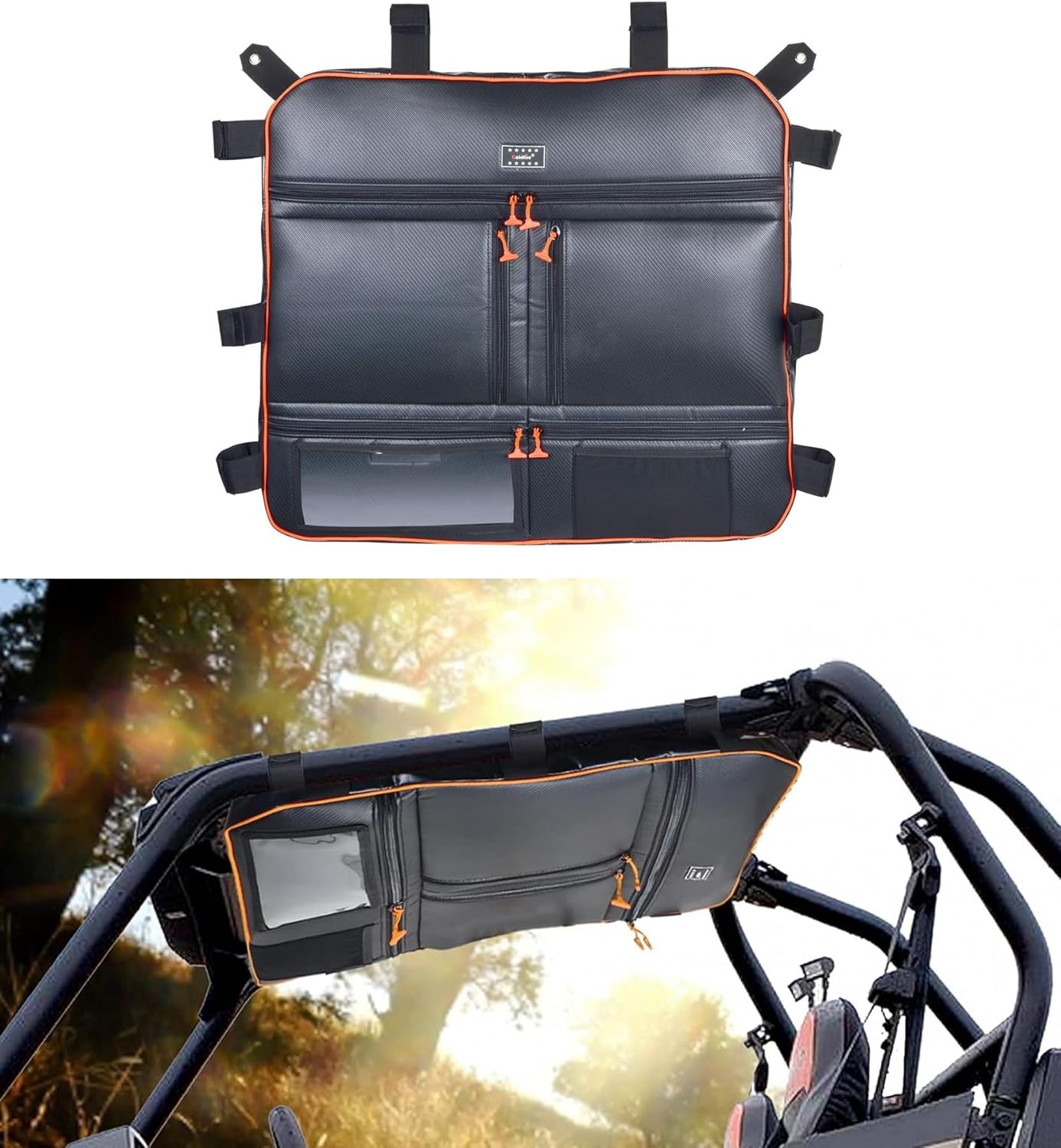 Goldfire Overhead Storage Bag Center Roof Top Map Bag Tool Gear Bag Compatible with Polaris RZR XP 1000 2 Seat or 4 Seat All Years Models RZR 1000 XP Accessories (Orange Piping)