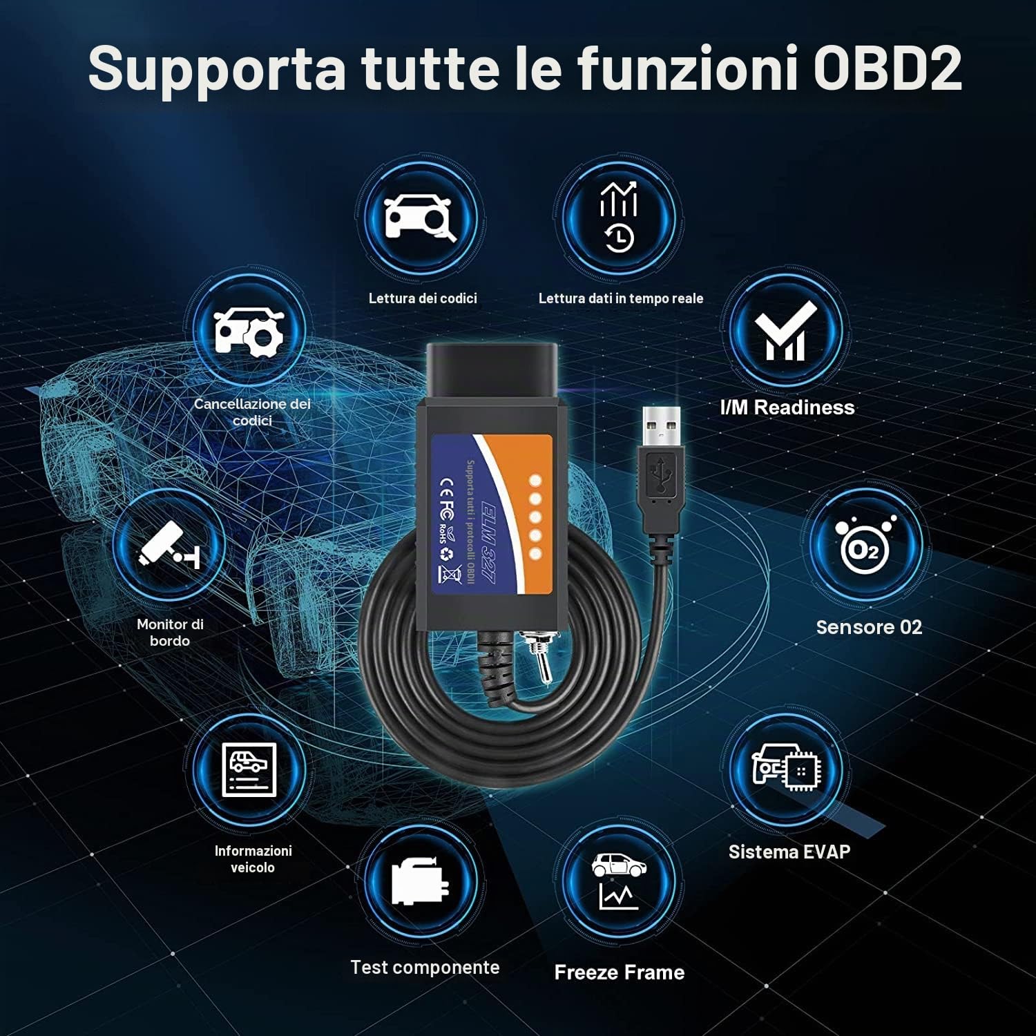 PremiumCord Cavo Diagnostico USB ELM327 OBD-II, Uso Universale, USB 2.0, LED, Tensione di Esercizio 12 V, Nero