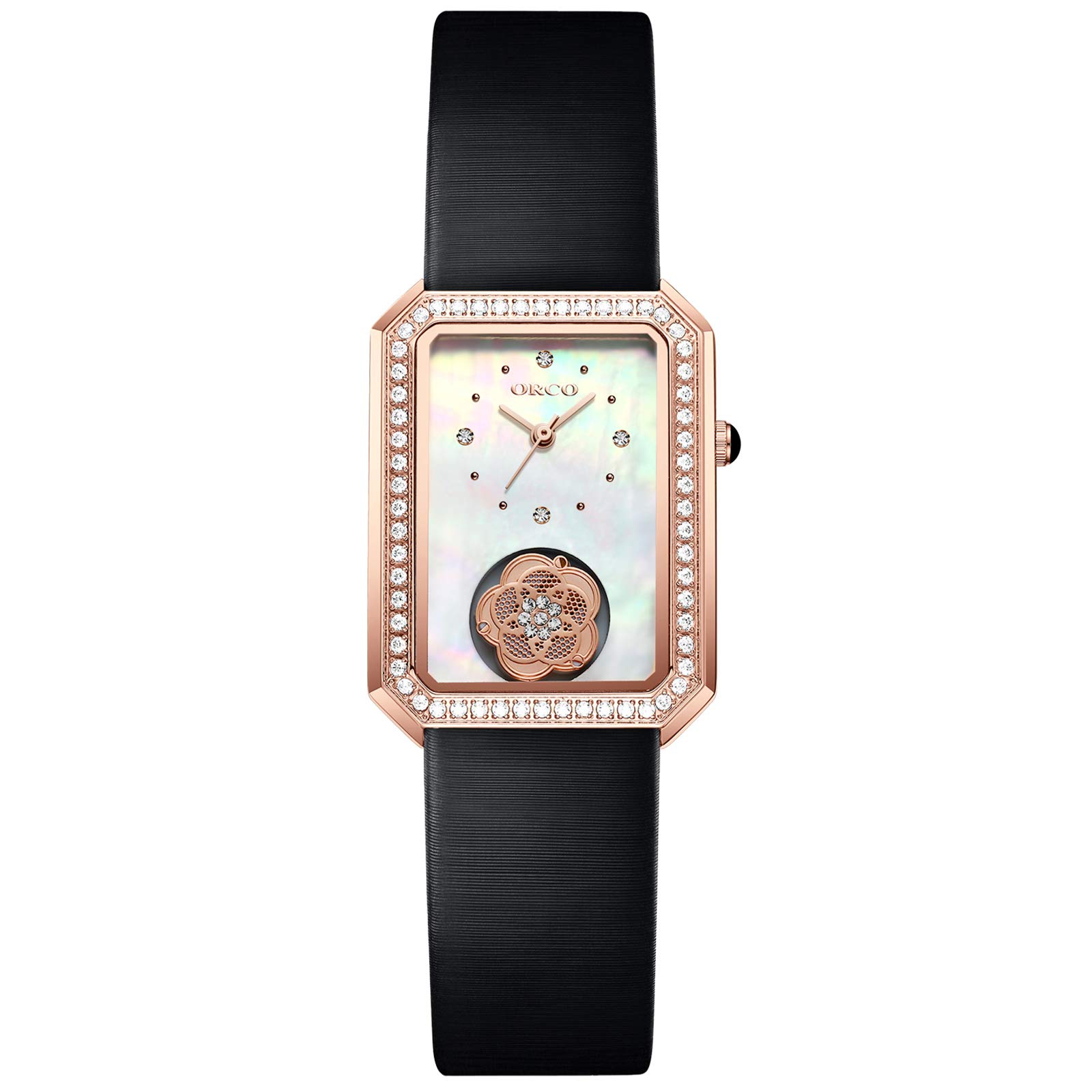 Watch Women's Waterproof Japanese Mother of Pearl Dial Diamond Decoration Bling Cute Rotating Camellia Quartz Rectangle Face Leather Strap Genuine Leather Watch Black B