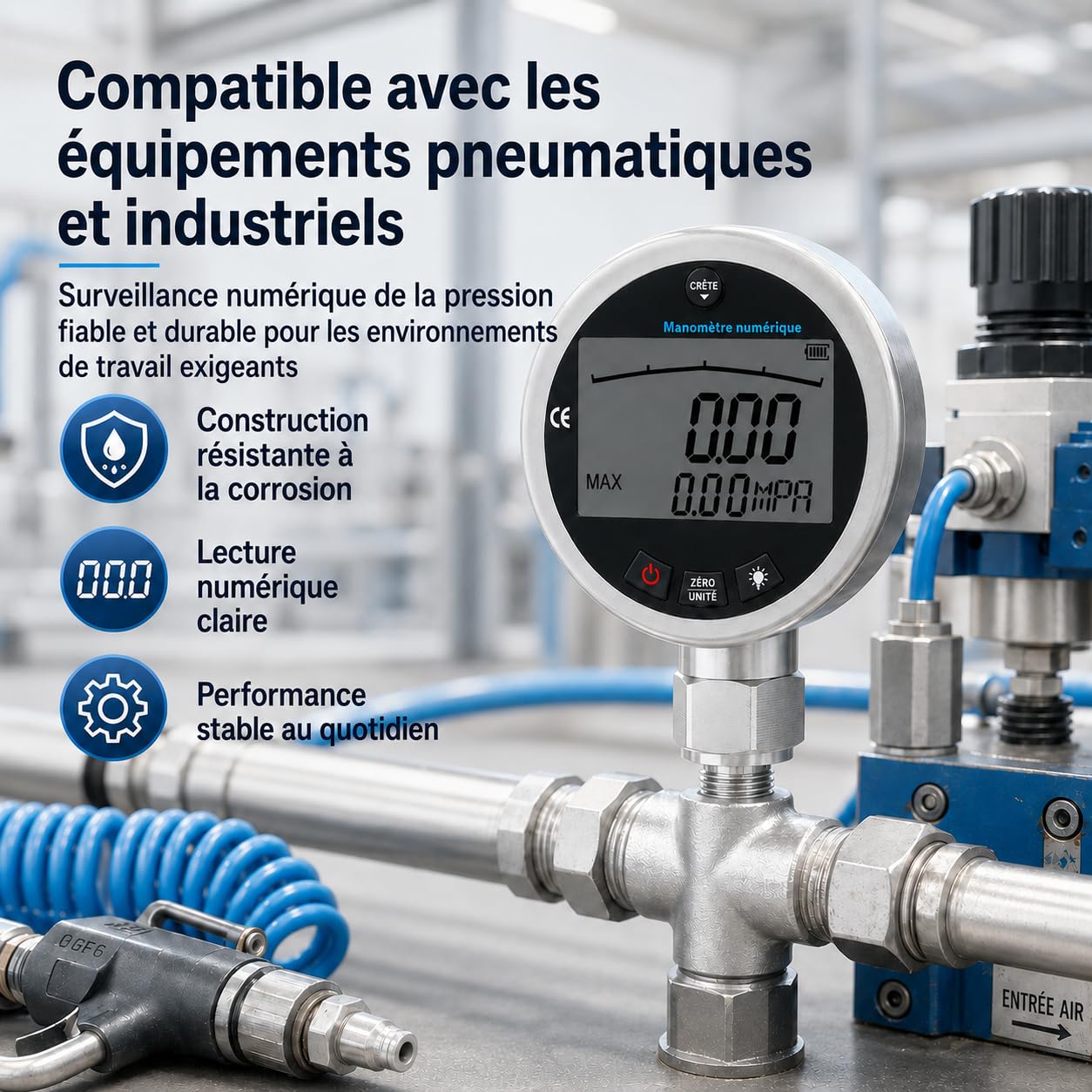 Manomètre Hydraulique Digital, Manomètre numérique hydraulique en acier inoxydable avec écran LCD éclairé pour eau, gaz, huile 400 bar, 0-40 MPa, 10000 PSI avec connecteur G1/4
