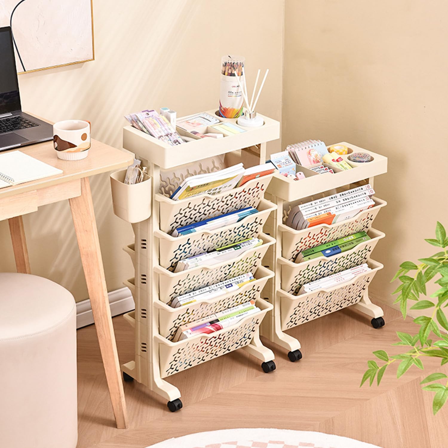 Multifunctional Storage Trolley Book Rack Storage Bookshelf, Plastic Removable Movable Unique Bookcase, White Bookshelf Cart with Wheels (3 Tier)