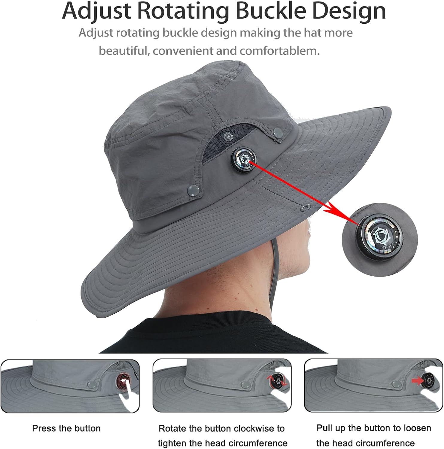 Men Fishing Hat, Adjust Rotating Buckle Sun Hat, Wide Brim UPF 50+ UV Protection Summer Safari Hat,Bucket Hiking Hat - Image 3