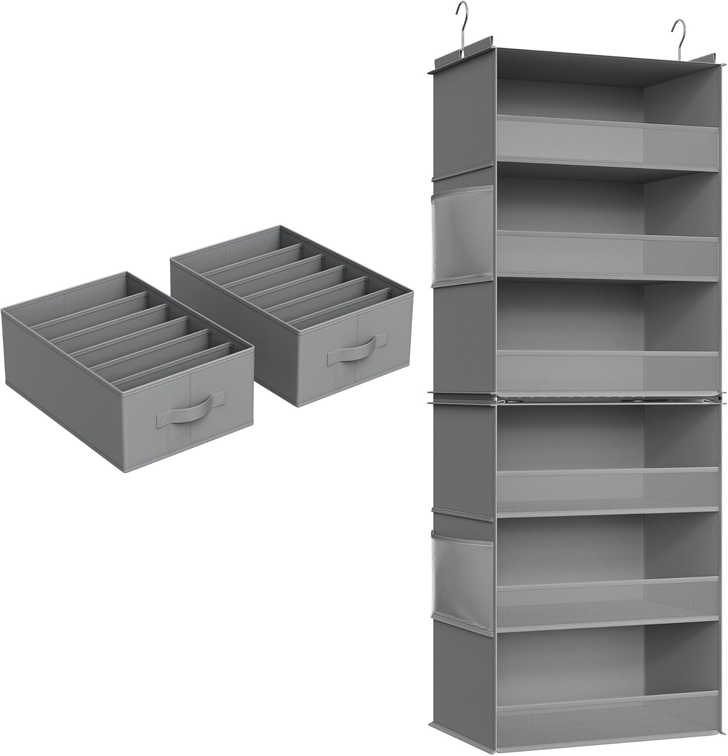 SONGMICS 6-Tier Fabric Storage Shelf Bundle with Set of 2 Large Size Wardrobe Clothes Organizers, with Side Pockets and Hooks, for Pants, Sweaters, Jeans, Dove Gray URCH007G01 and URUS009G02