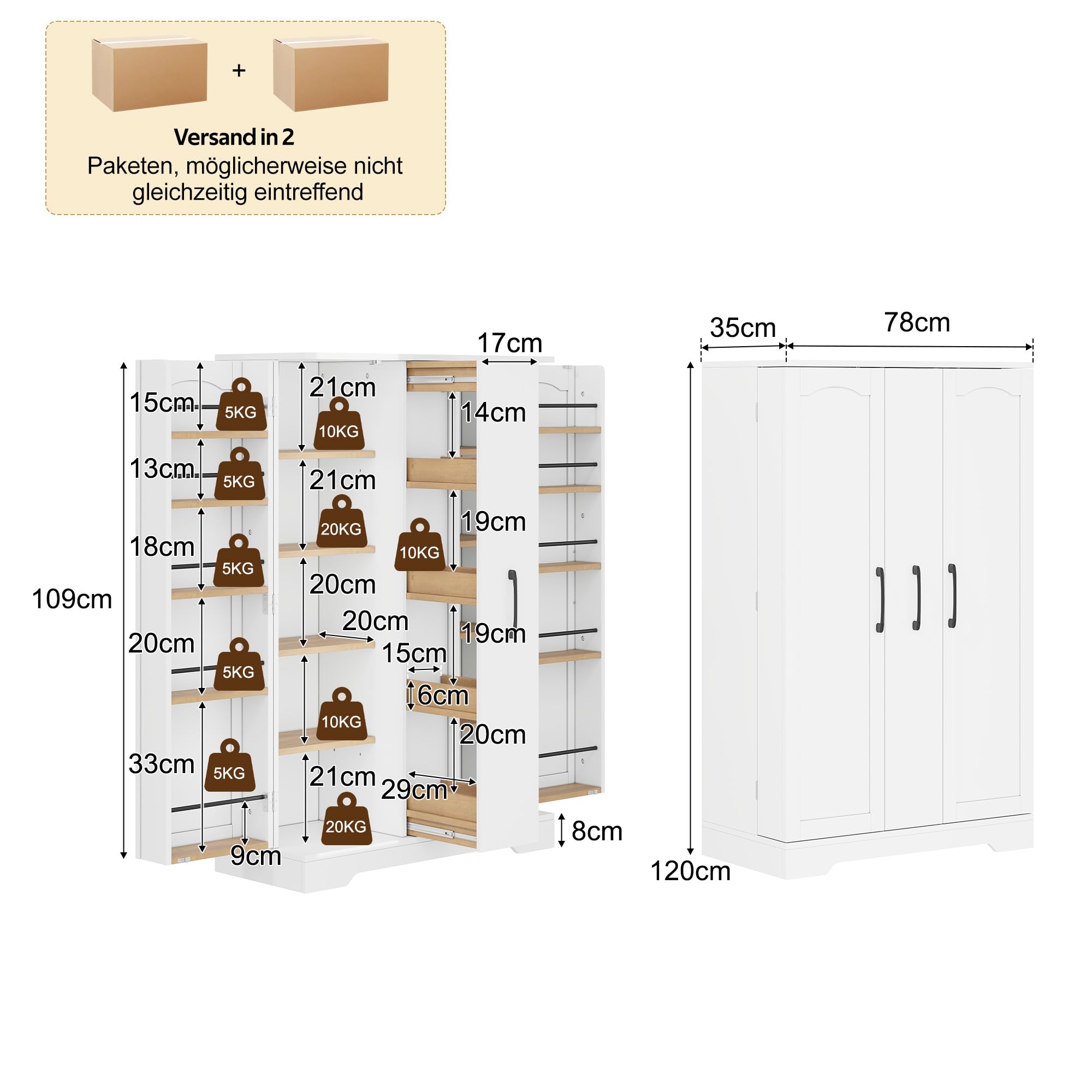 Armadio alto, buffet, mobile da cucina, vetrina, credenza con scaffale per spezie, armadio a doppia anta con estrazione verticale a 4 livelli, ripiani regolabili, 78 x 35 x 120 cm (bianco)