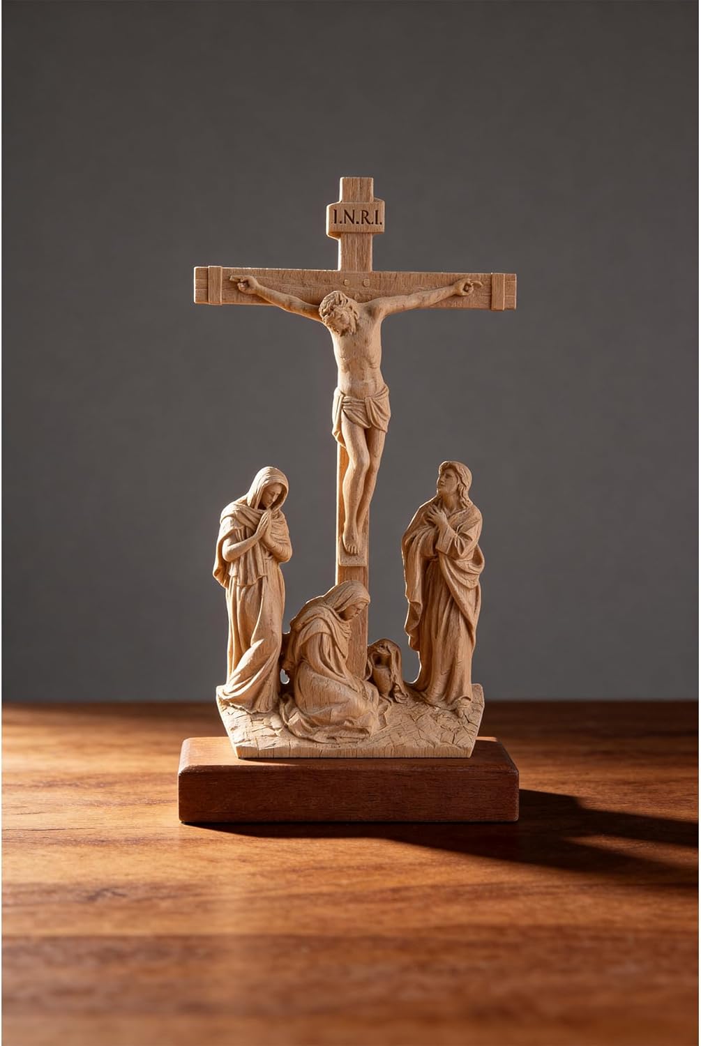 ASTARIKO Wooden Standing Crucifix with Dark Wooden Base - 10.8" Hand-Carved Catholic Table Jesus Cross, Altar Calvary Scene, Religious Home Decor & Gifts (Natural)