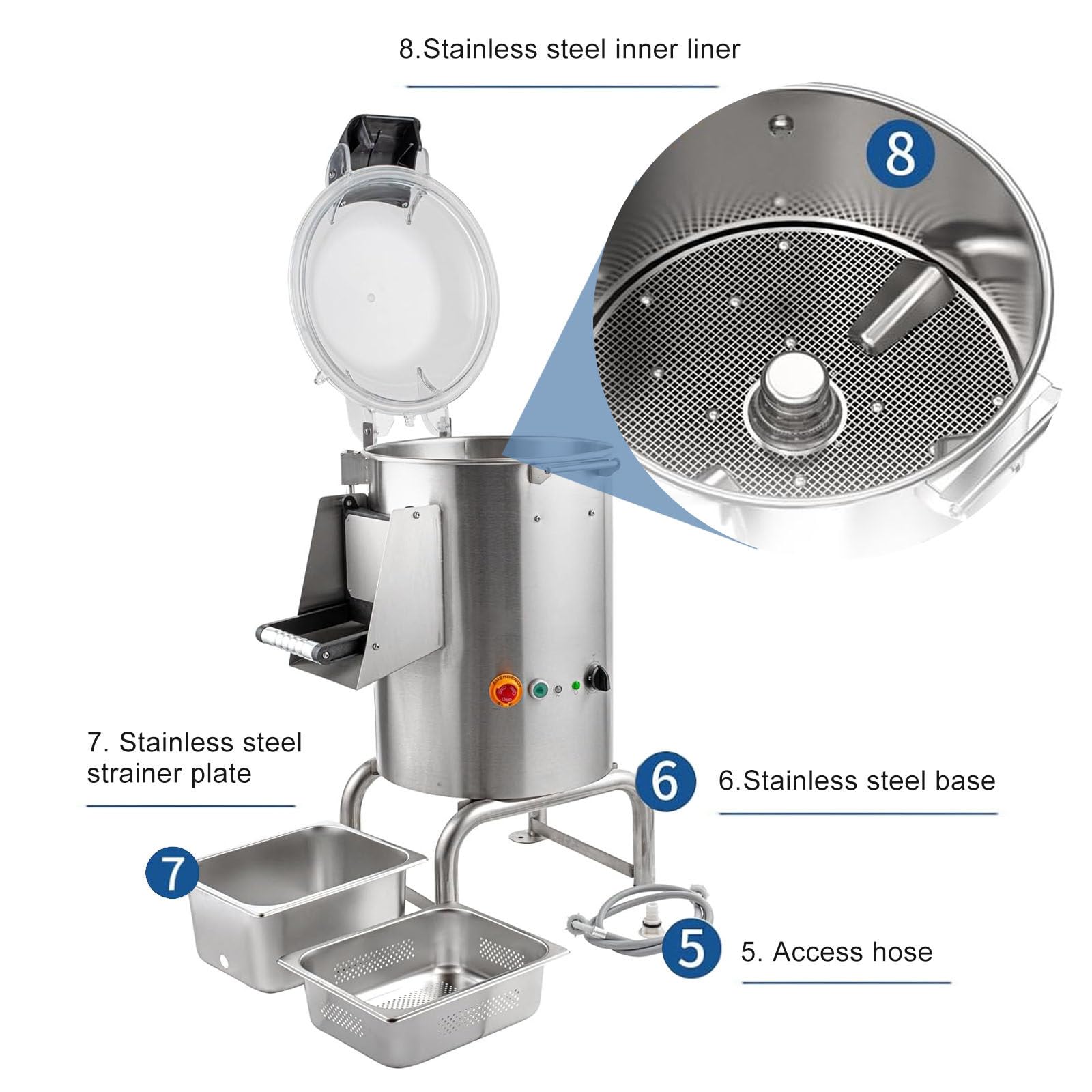 Peladora de Patatas Profesional de 750 W, 70-100 kg/h, con un Solo Toque/Capacidad de 5 kg, Elimina la Piel de Frutas y Verduras, Lavadora de Patatas eléctrica, 110 V