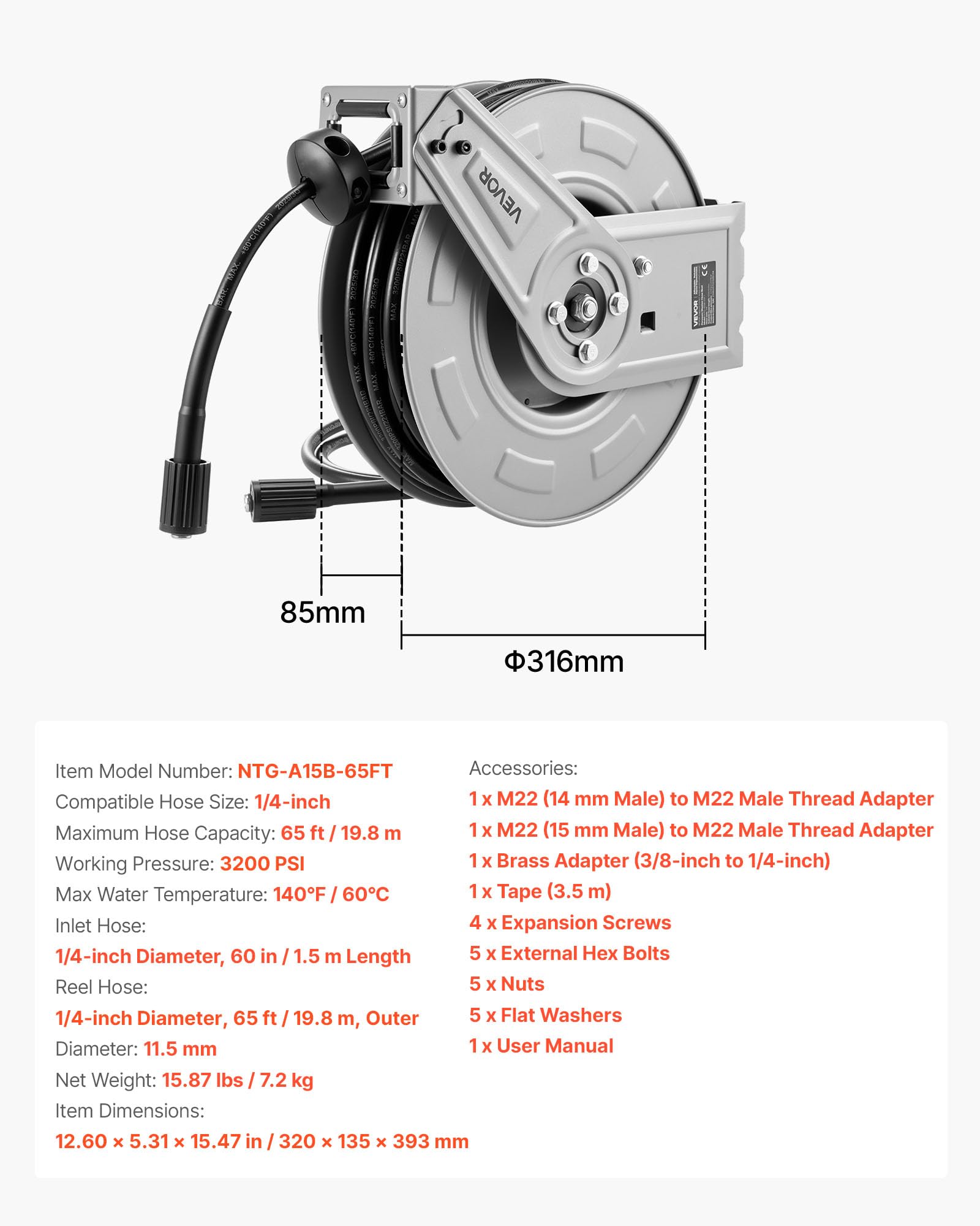 VEVOR Enrouleur de Tuyau pour Nettoyeur Haute Pression 19,8 m x 6,4 mm, Dévidoir Rétractable Acier, Montage sur Mur, Sol, Pression 220,6 bar, Enroulement Automatique pour Lavage Voiture, Sol, Jardin