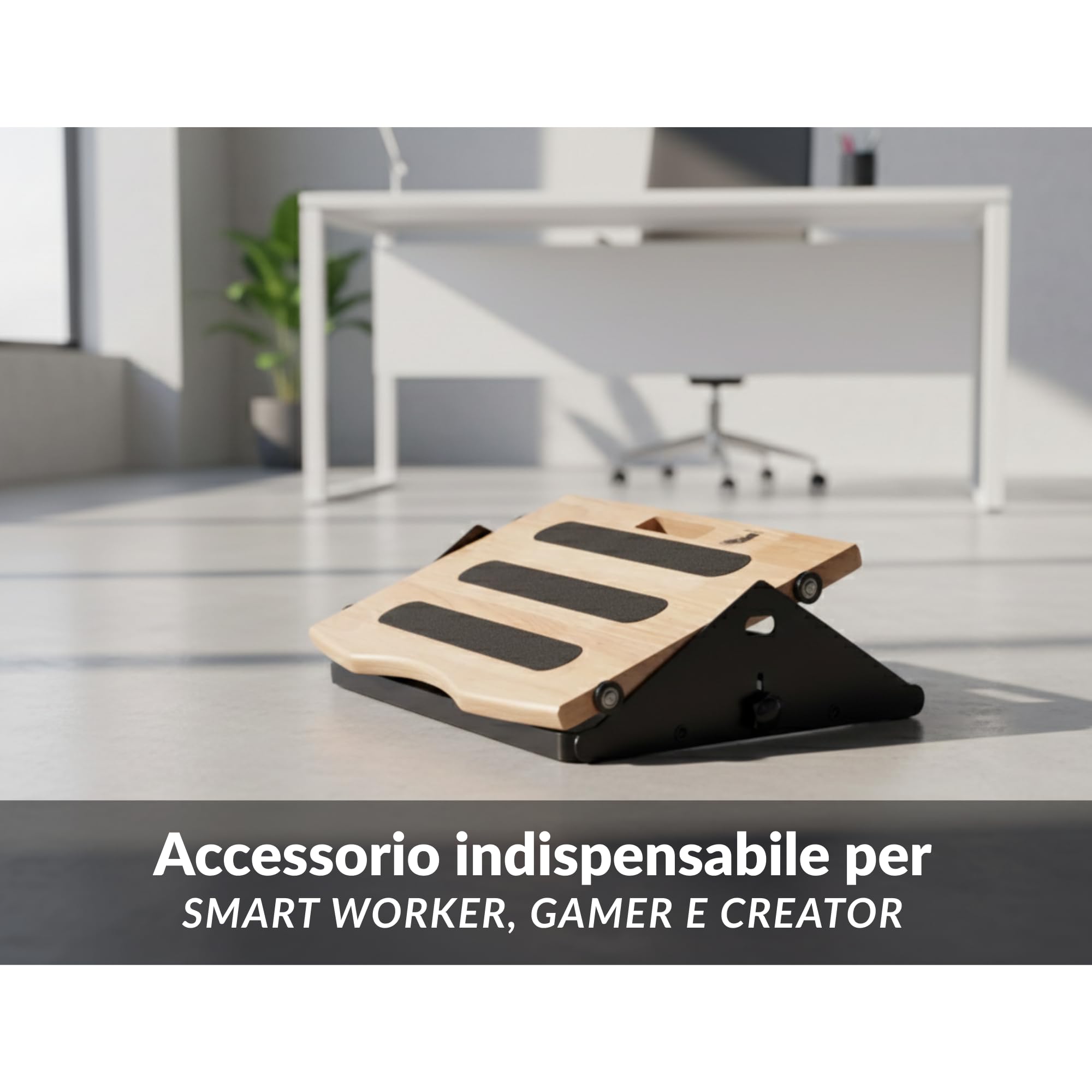 Poggiapiedi da scrivania ergonomici in altezza regolabile per scrivanie basso movimento morbido con ruote, suola base in legno e acciaio, design minimalista ed elegante, ideale per la casa e