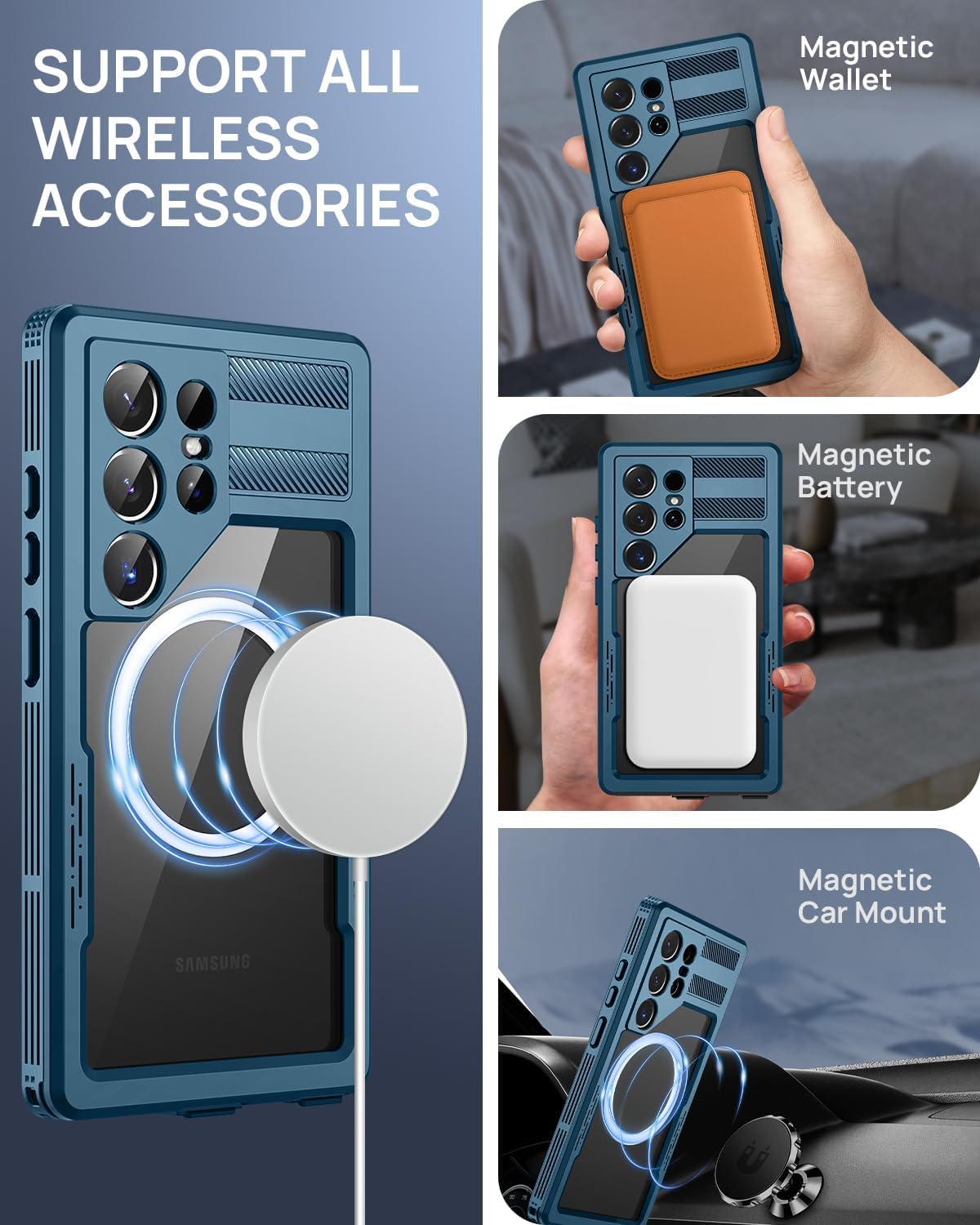 Lanhiem Magnetic for Samsung Galaxy S25 Ultra Case, IP68 Waterproof Dustproof Case, [Compatible with Magsafe] [Built-in Lens & Screen Protector] Full Body Shockproof Rugged Phone Cover 6.9 inch, Blue