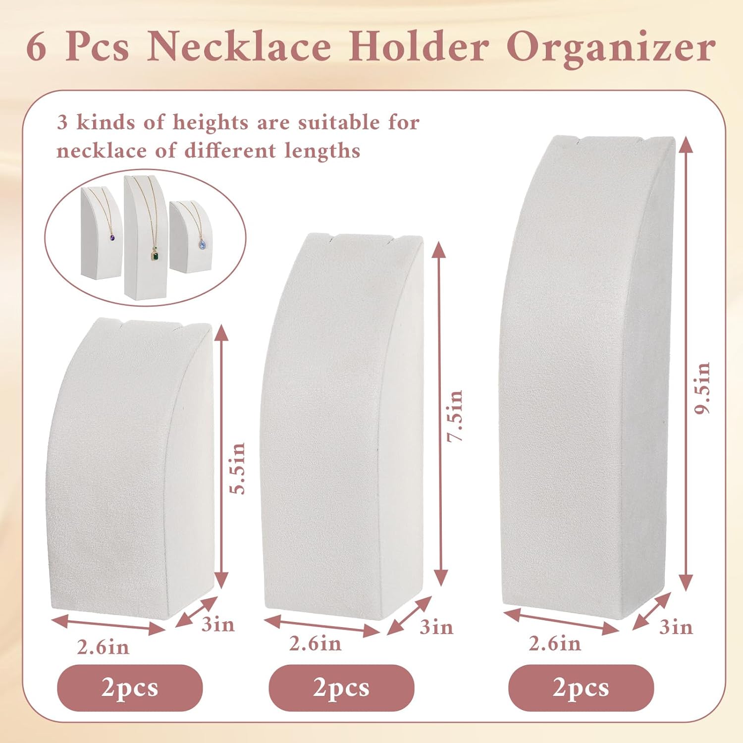 6 Pcs Necklace Holder Organizer Velvet Jewelry Display Stand For Selling Pandent Chain Necklace Rack for Show (Beige Velvet, 3 Sizes)