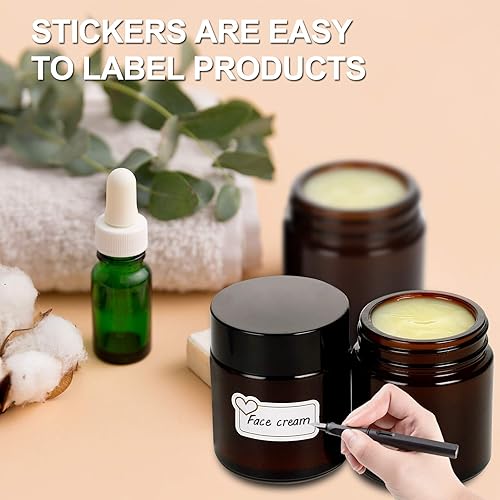 Miniatura 5 de Paquete de 24 tarros de vidrio ámbar de 2 onzas con tapas negras, recipientes redondos vacíos para exfoliantes, lociones, cosméticos y ungüentos,