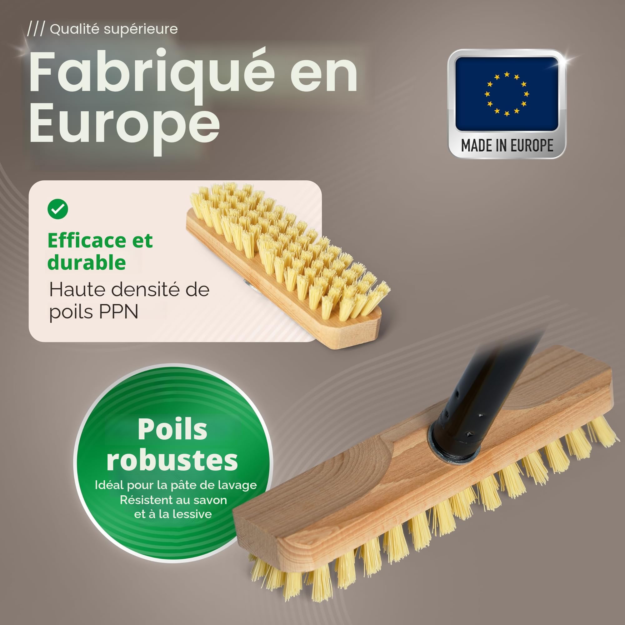Novaliv Lot de 4 gommages en bois avec filetage et poignée à vis, brosse à plancher PPN, idéal pour le nettoyage de balcon, terrasse, jardin, intérieur et extérieur
