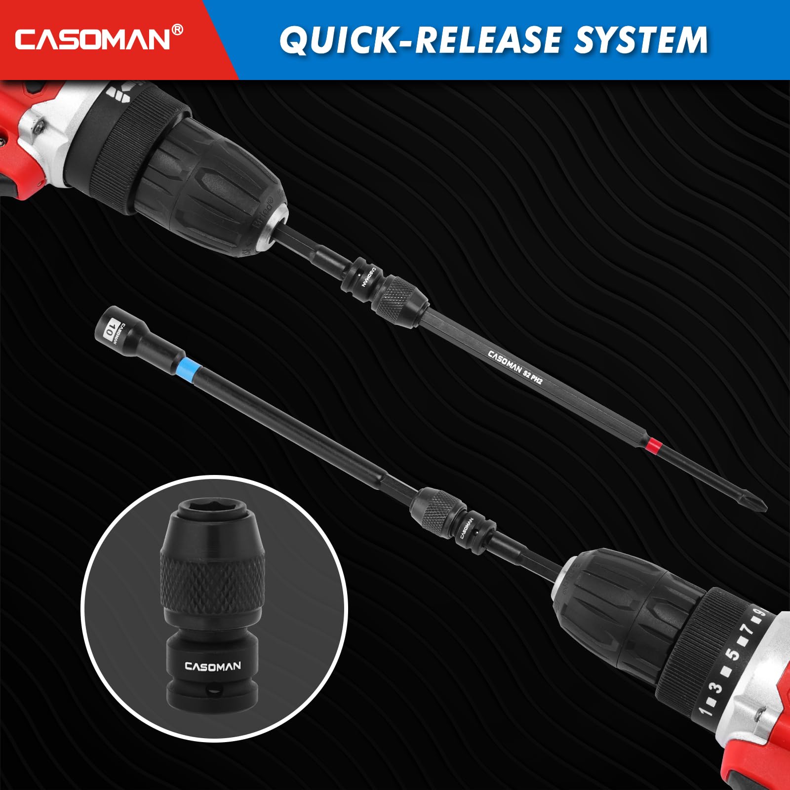 CASOMAN Set di 52 cacciaviti magnetici da 1/4" e bussole a impatto basso e profondo da 1/4", metriche, con adattatore, barra di estensione, giunto universale e punta a percussione lunga