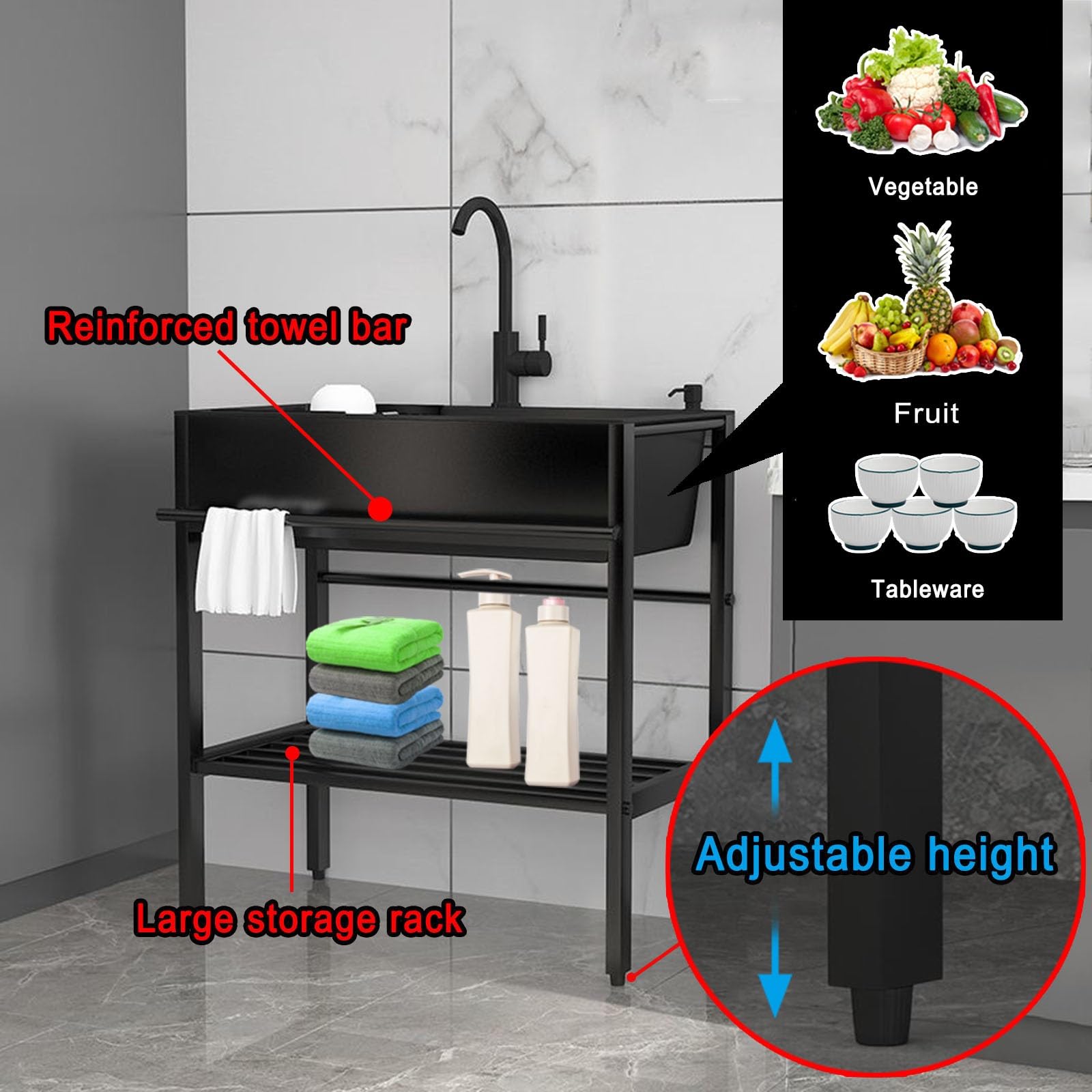 Spülbecken Edelstahl Küchenspüle Für Outdoor Garten Camping Garage Badezimmerspüle 68cm 80cm Haushaltsspüle Set Mit Ausziehbarem Wasserhahn Und Seifenspender, Teleskop-Abtropfgestell