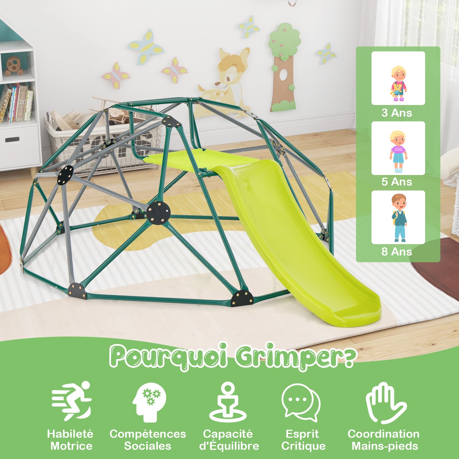 COSTWAY Dôme d'escalade de 241cm Enfant avec Toboggan, Cage d'escalade en Métal avec Coussin en Tissu, Charge Max 180kg, Aire de Jeux Extérieure Intérieure pour Garçons Filles de 3-10 Ans