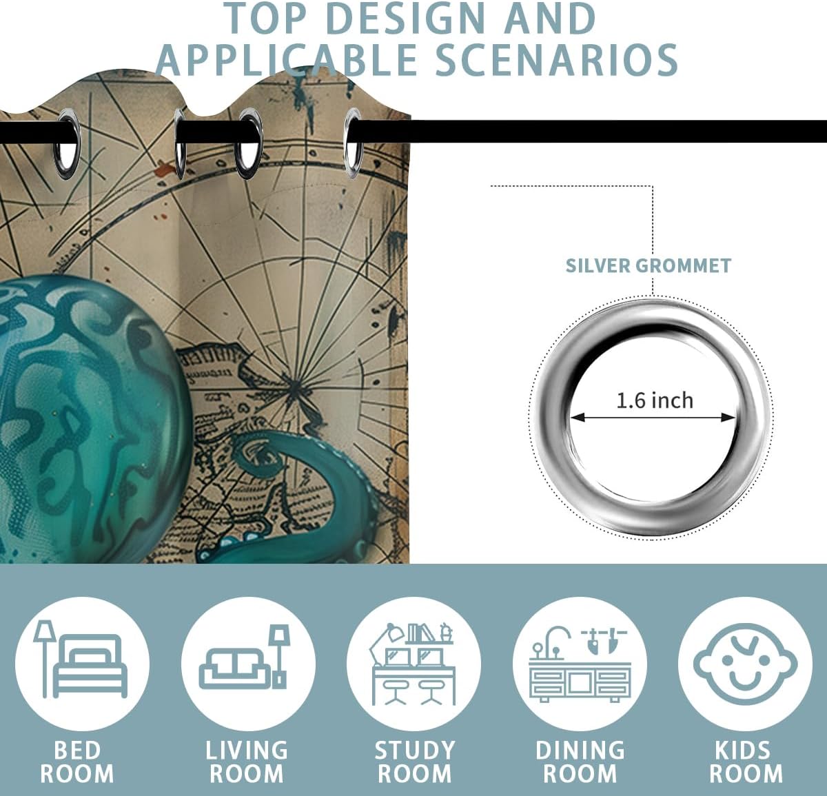 Octopus Blackout Curtains for Girls Boys Kids Home Decor, Ocean Animal Nautical Map Starfish Sealifes Grommet Thermal Insulated Drapes Darkening Window Curtain for Bedroom Living Room, 84 x 84 Inch