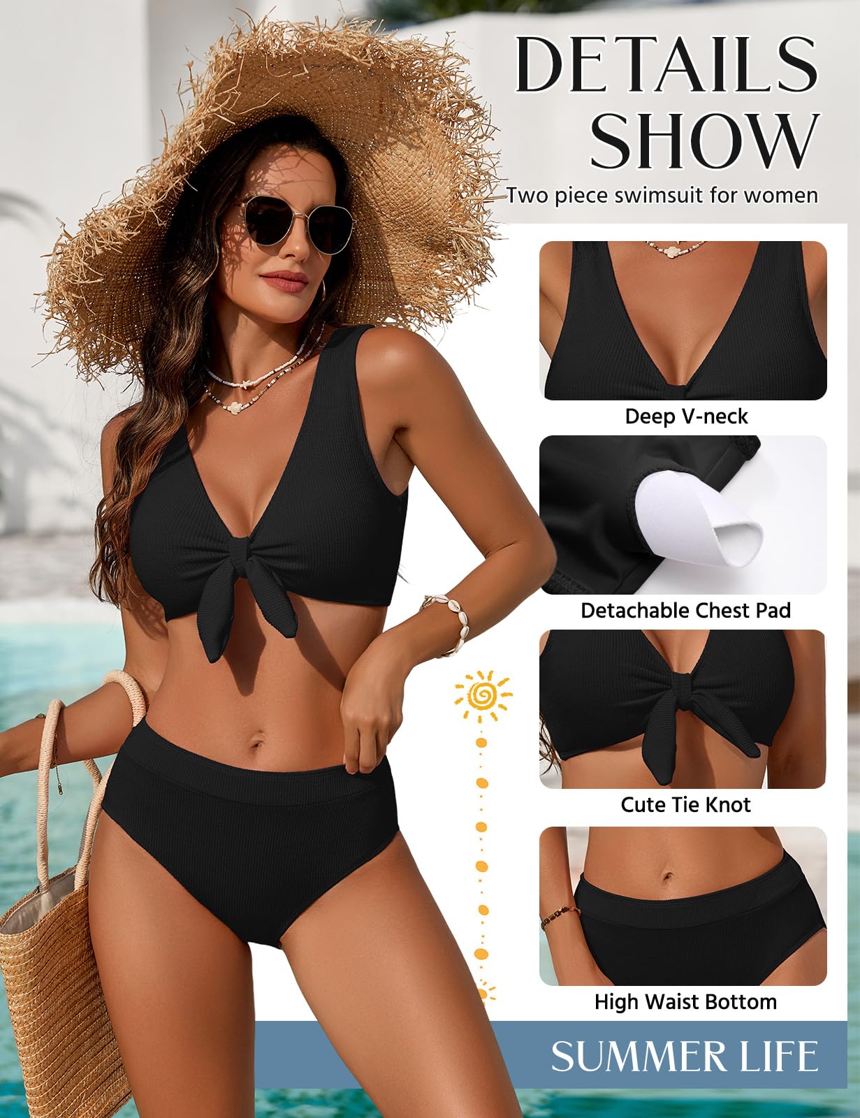 Costume Donna Due Pezzi Vita Alta Sexy Scollo a V Bikini Design con Lacci,Curvy Tonificare l'addome Costumi Piscina Spiaggia Tessuto con Trama