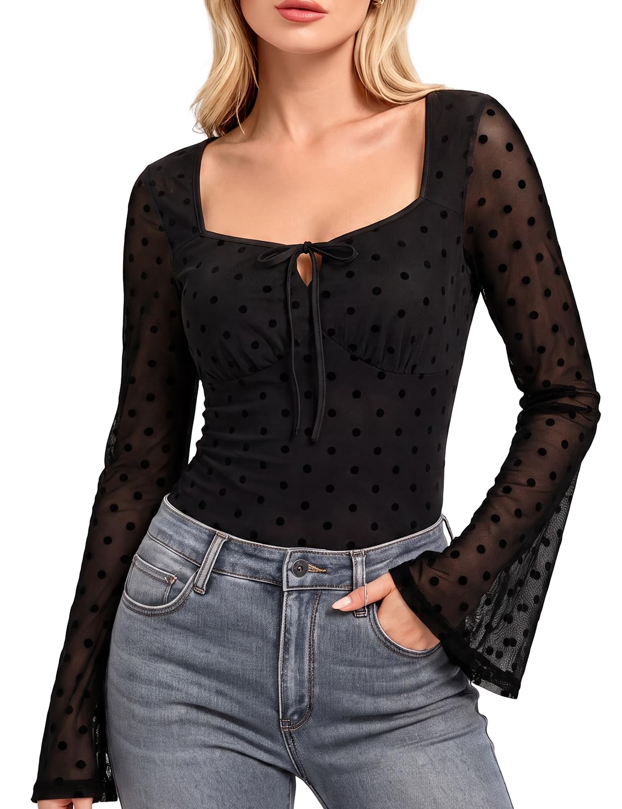 Belle Poque Women's Sheer Lace Bell-Sleeve Top