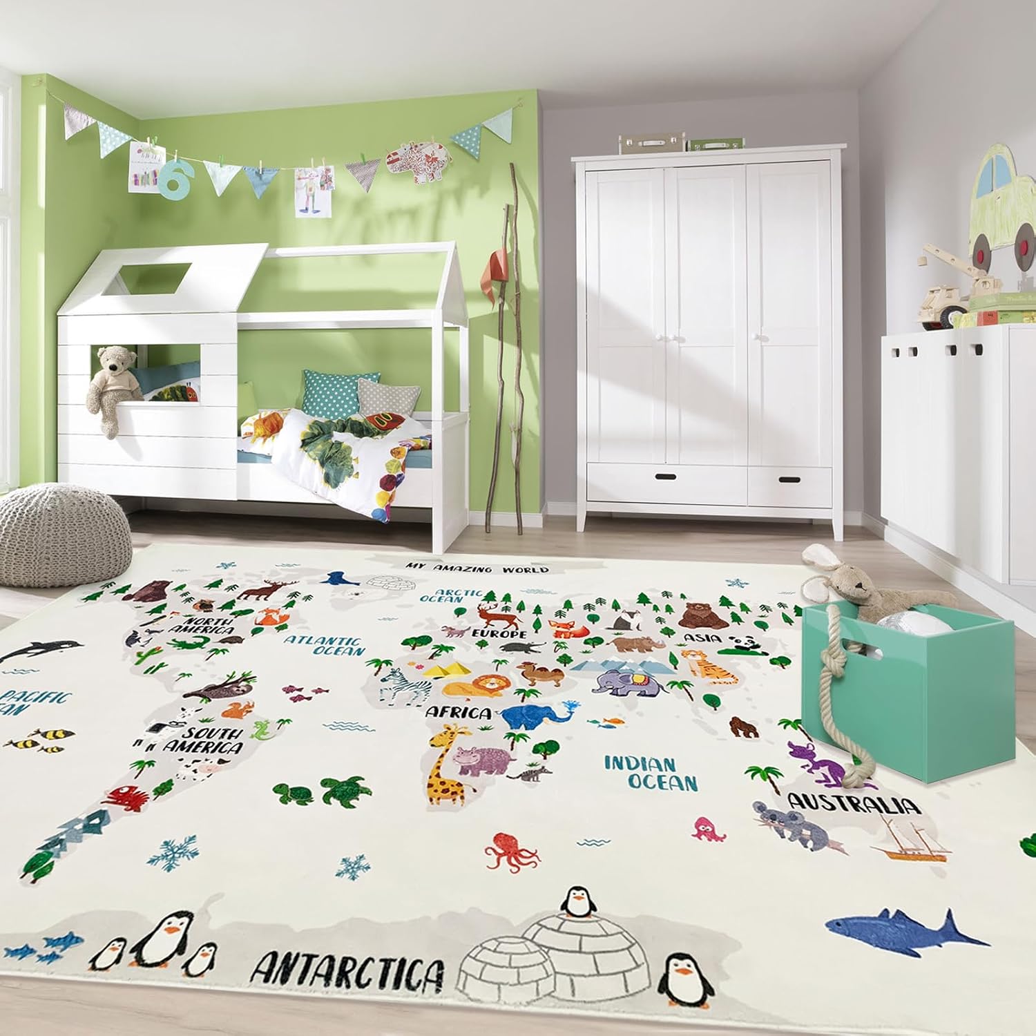 Kids Rug 5x8Ft World Map Animal Play Mat for Boys Girls Bedroom Classroom Large Washable Continents Educational and Learning Playroom Area Rug Soft Children Elementary Carpet, White