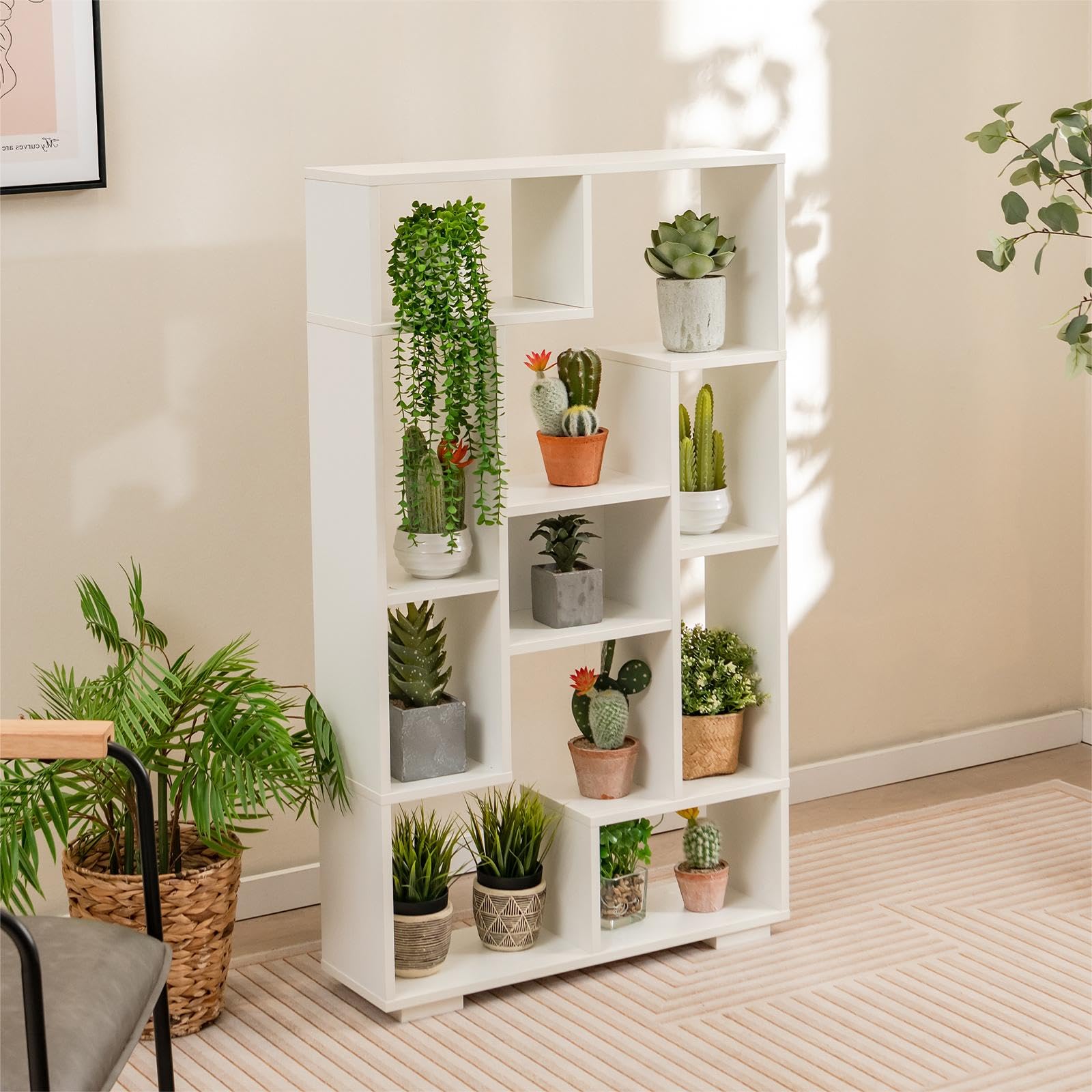 HOMASIS Bibliothèque Géométrique en Bois à 9 Compartiments,Cube avec Étagère Ouvertes,Étagère avec Protection Anti-Basculement, Meuble de Rangement pour Salon Bureau,70 x 20 x 120cm (Blanc)