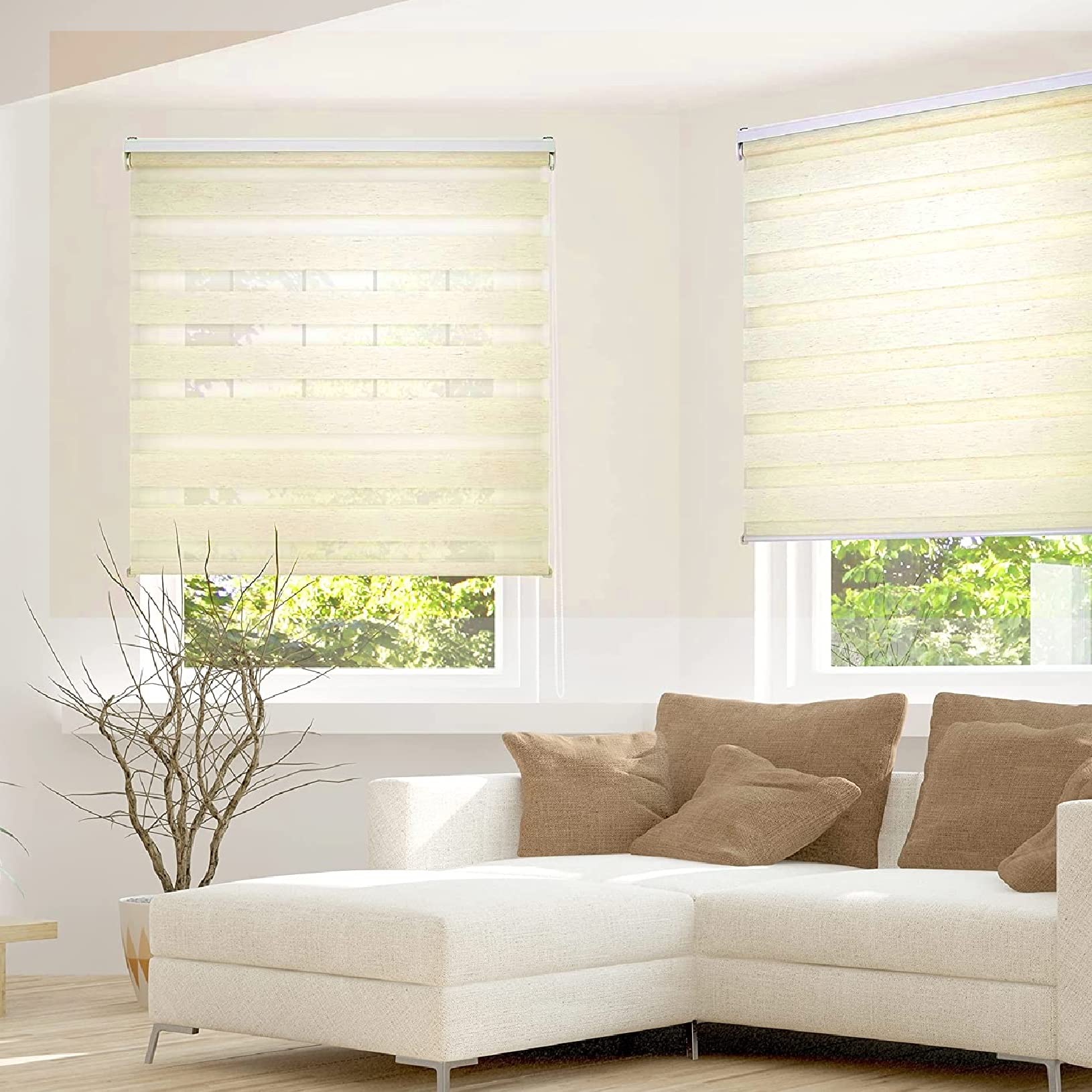 Persianas opacas enrollables de tela impermeable con mecanismo de cadena ajustable para baño y oficina, color beige, día y noche, 95 x 320 cm