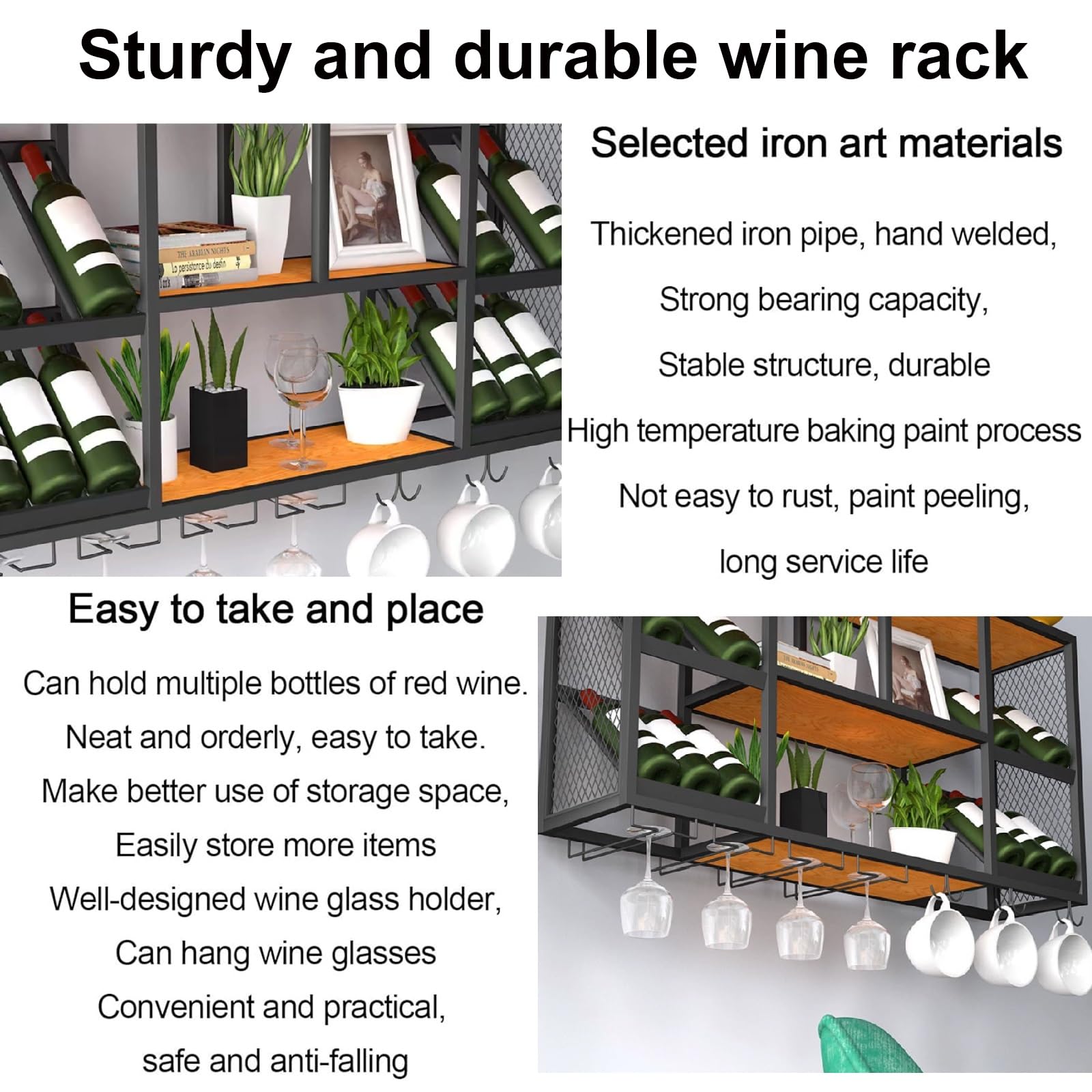 Industrialny ścienny stojak na wino z uchwytem na szklanki, żelazny stojak do przechowywania butelek wina, pływające półki barowe, wiszący stojak na kieliszki, metalowy organizer na butelki