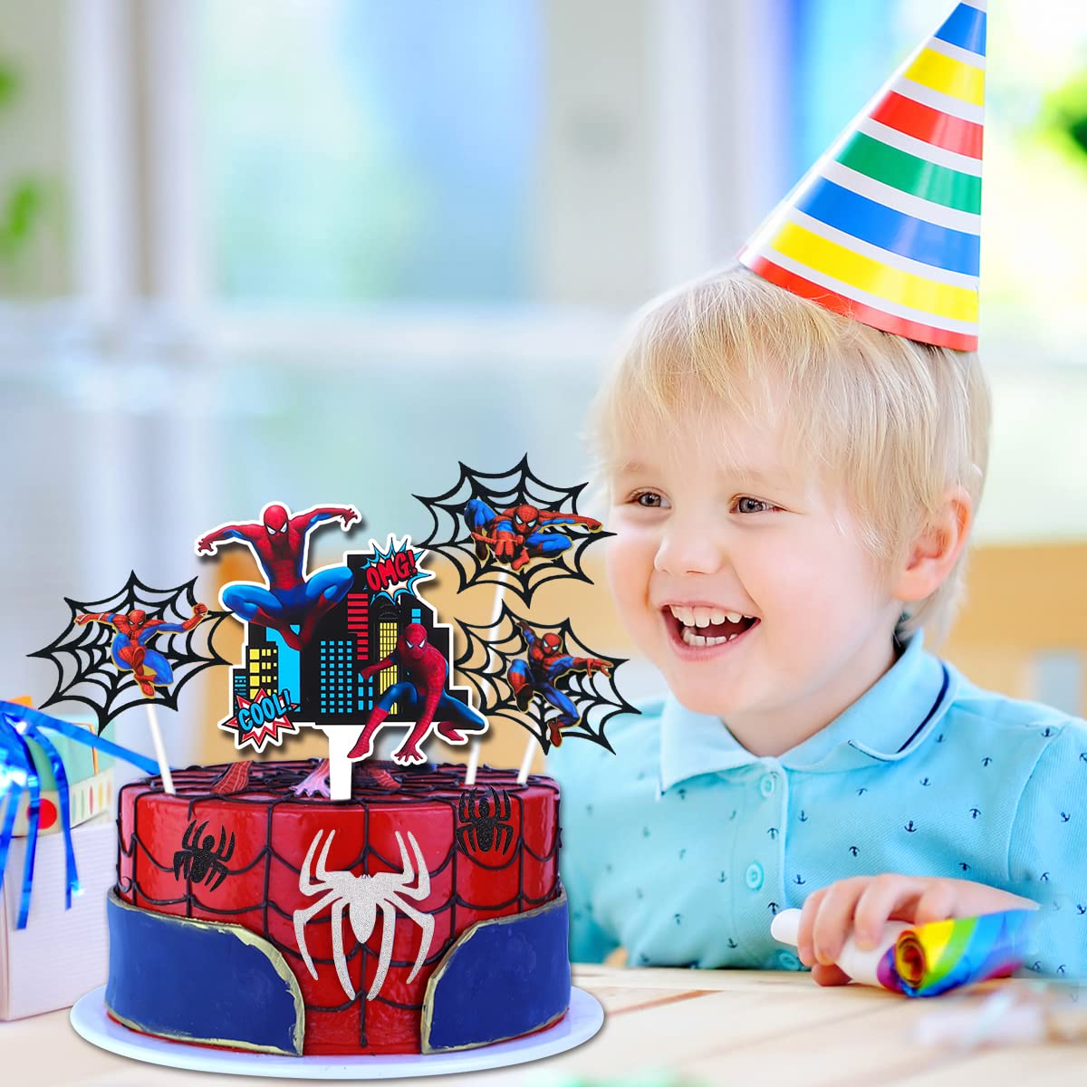 Décoration Gâteau Anniversaire 3 Ans Thème Araignée - Cake Topper Happy Birthday 15x14.5 Cm | Pour Enfant, Fête Super-héros | Facile à Installer