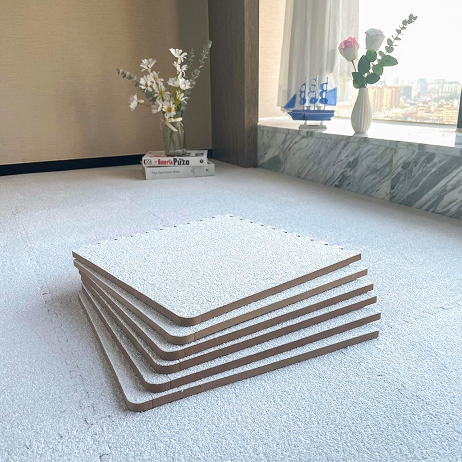 LNNNW Miękka Pluszowe maty puzzle 20 sztuk blokujących płytek dywanowych, krótki pluszowy dywan blokujący z pianki, pluszowe maty podłogowe z pianki(Bianco)