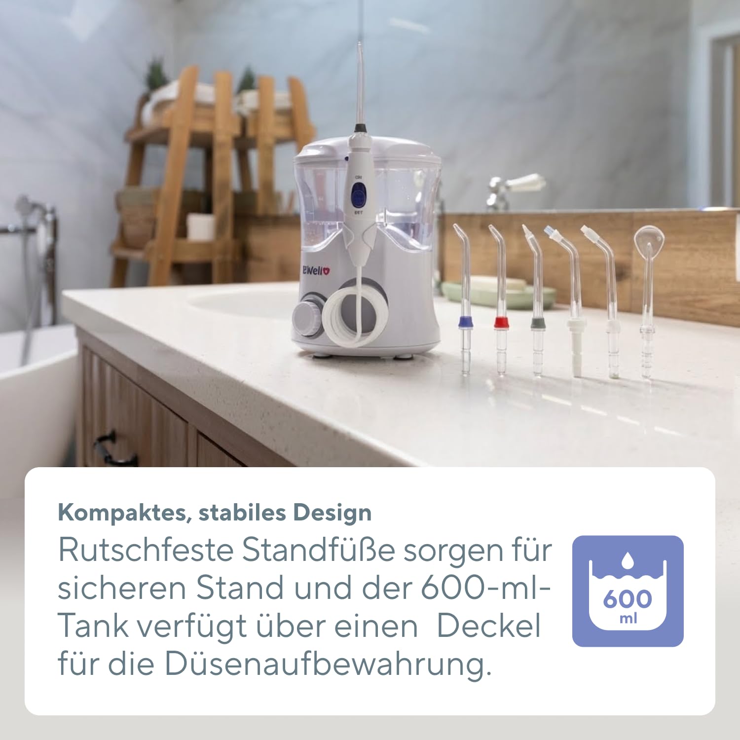 B.Well Swiss PRO-922 Stationäre Munddusche, Standgerät mit 10 Bedienmodi, 7 Düsen mit 360°-Rotation, 600-ml-Wassertank, Anti-Rutsch-Füßen, Pulsmodus und Netzdauerbetrieb
