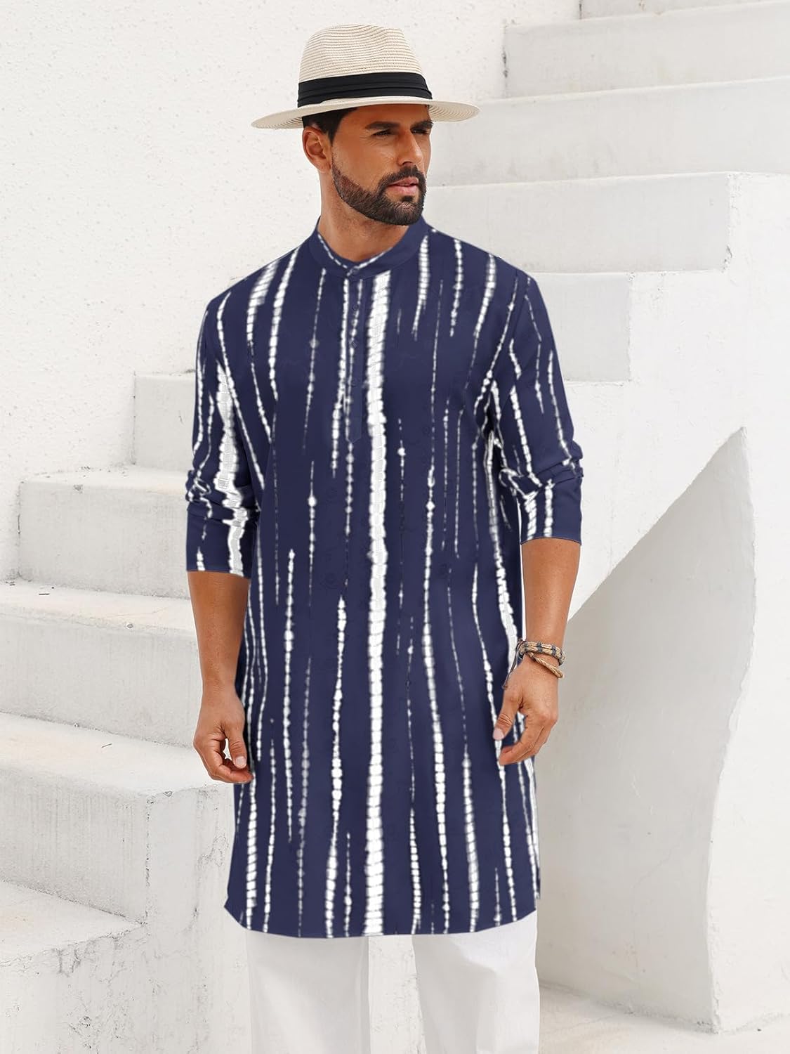 Runcati Mens Kaftan Robe Tie-Dye Long Sleeve Button Down Henley Shirts Thobe Hipster Print Side Split Gown Shirt - Image 3