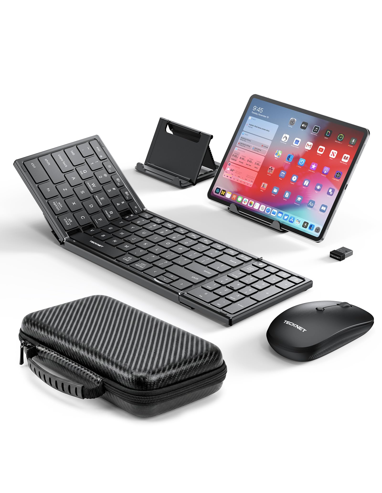 TECKNET Foldable Bluetooth Keyboard and Mouse Combo, Wireless Keyboard Mouse, Rechargeable 2.4G & Dual Bluetooth Travel Keyboard Mouse Set for Business Travel, Compatible with Windows/Mac/iOS/Android