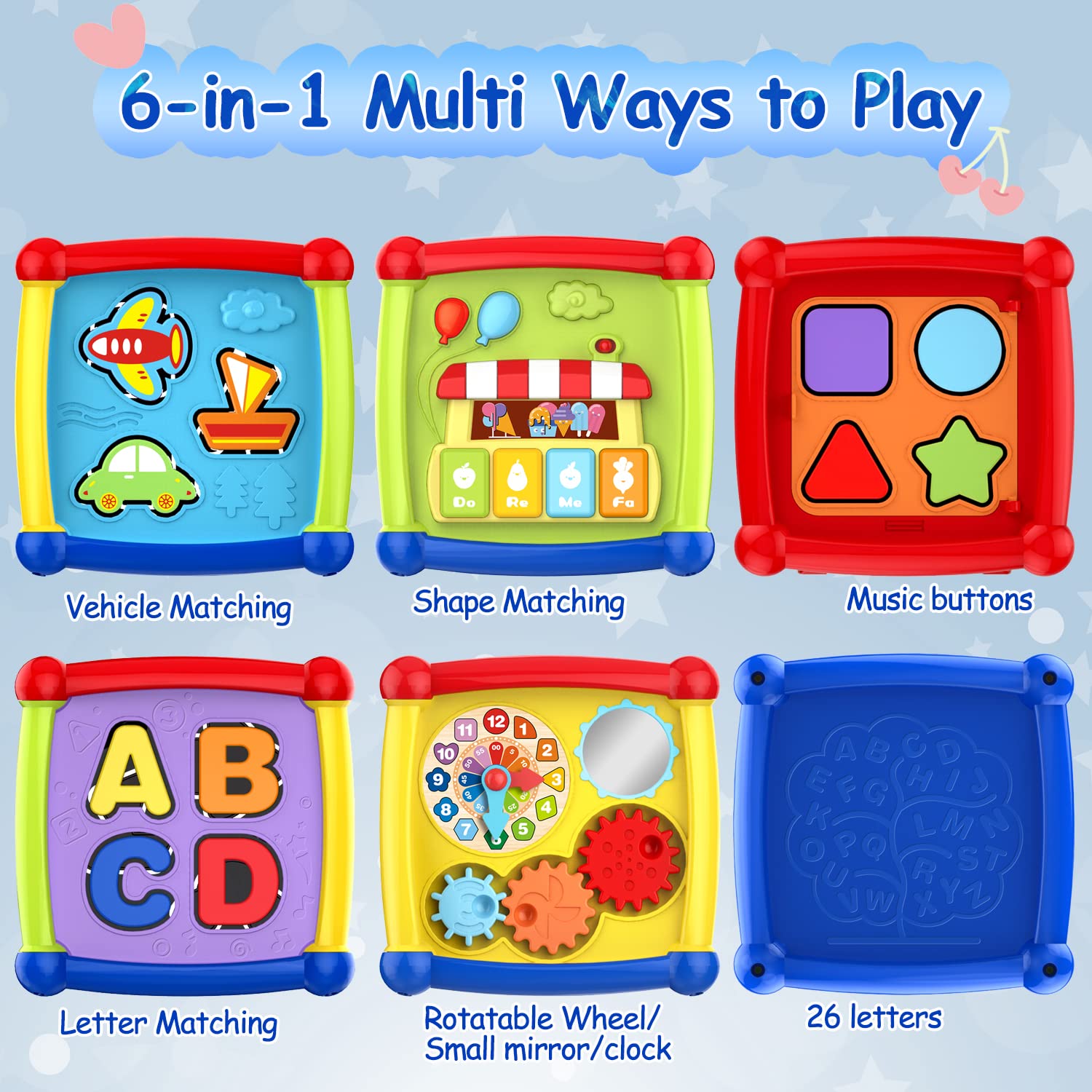 AMLGBTOP Giochi Bambini per 1 Anno 6 in 1 Educativi Cubo Montessori Giochi 1 Anno Multiattività Motor Centri Pianoforte Luce Musica Giochi Bambini 12 18 Mesi Natale Regalo Bambini 1 2 Anni