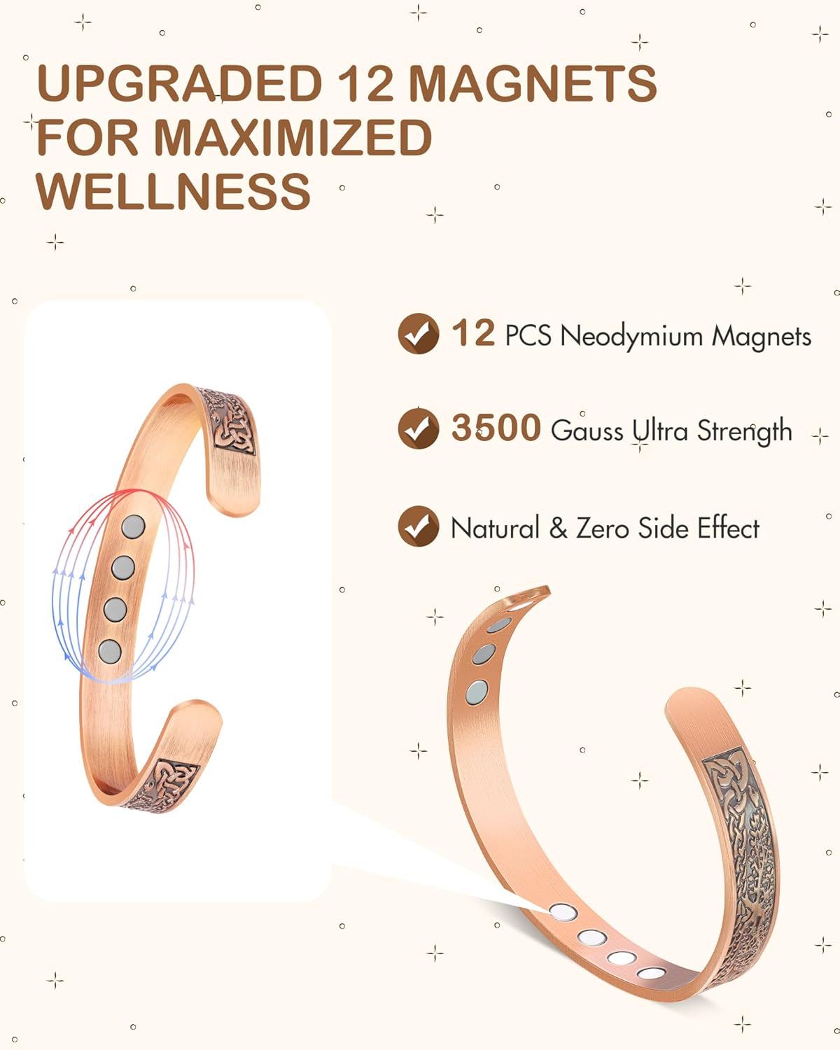 Feraco Copper Bracelet for Women, Ultra Strength Magnetic Bracelets, 99.99% Pure Copper Cuff Bangle with 3500 Gauss Neodymium Magnets, Tree of Life - Image 3