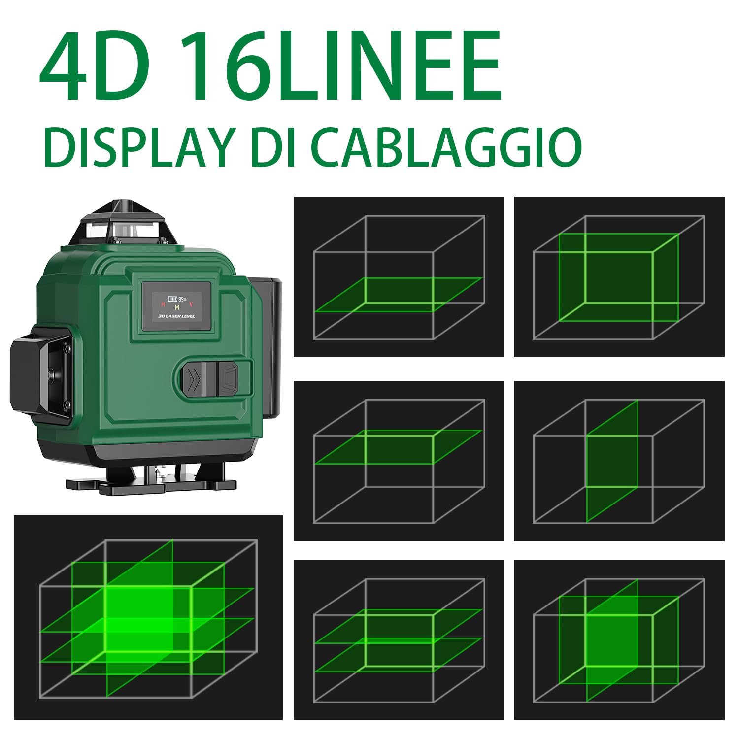 Livella Laser Autolivellante 4x360° con Treppiede, 16 Linee Livella Laser Verde Professionale, 2xBatterie Ricaricabili, Display Digitale LCD- LevelMaster PRO