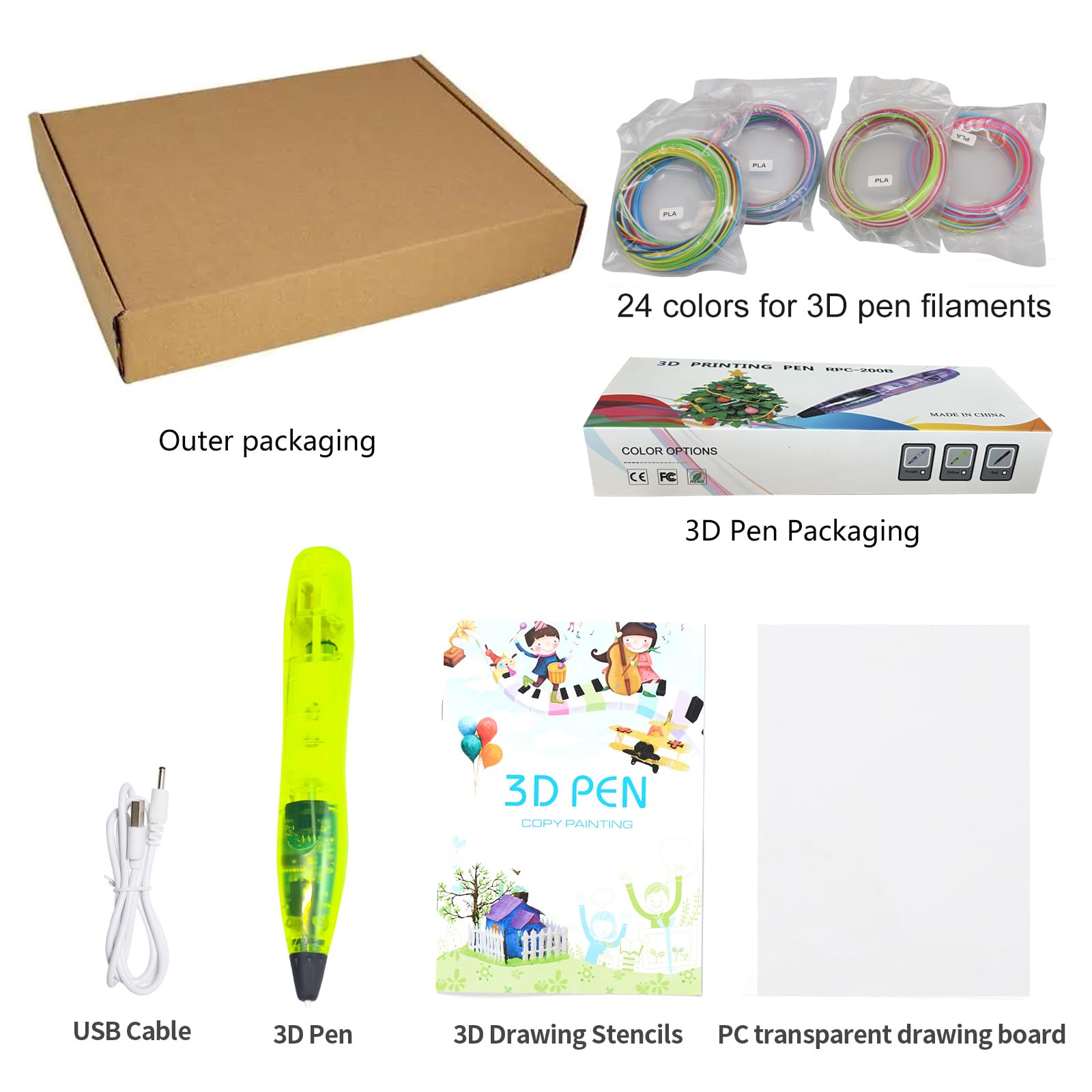 Penna 3D per bambini kit con filamento PLA 24 colori set, penna 3D con pulsante di controllo del sensore di luce, con cavo USB, protezione a 2 dita, stencil e base trasparente (giallo)