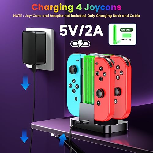 Miniatura 5 de Base de carga para controlador de interruptor compatible con Nintendo Switch para Joycons y modelo OLED con 6 modos de luz RGB, estación de carga