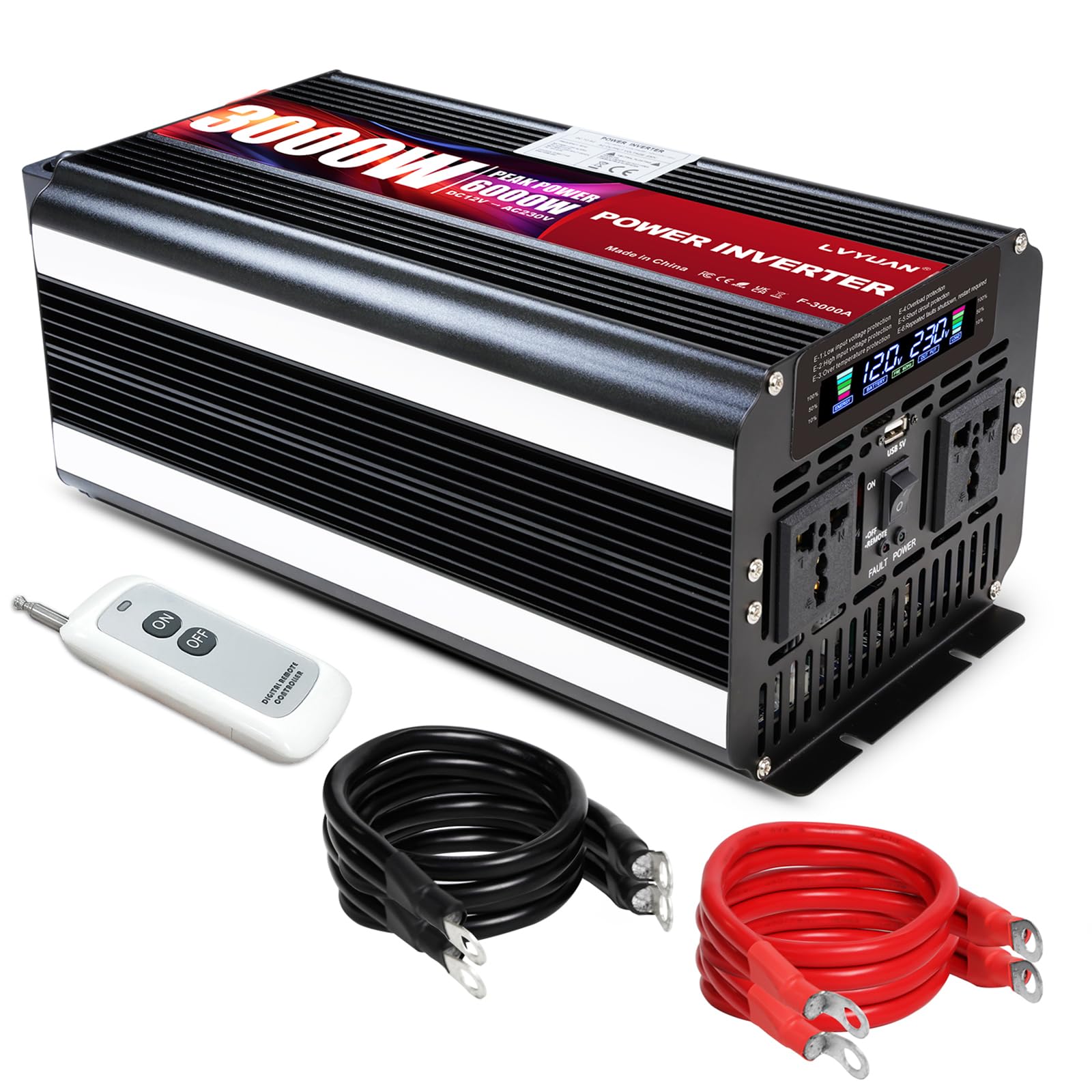 Cantonape Inversor De Corriente del coche 3000W 6000W Transformador De 12v A 220v 230v,Inversor con 2 Enchufe Universal Pantalla LED, para Coche, Caravana, Barco, cámping