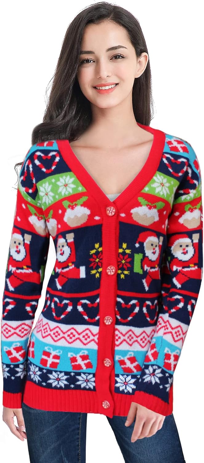 v28 Ugly Christmas Sweater for Women Reindeer Funny Merry Knit Sweaters Cardigan