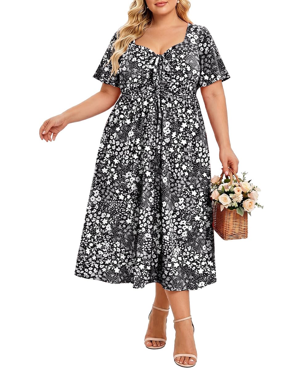 CARCOS Plus Size Dresses for Curvy Women Tie Sweetheart Neck Summer Maxi Dress Short Sleeve Empire Waist Floral Boho Dress